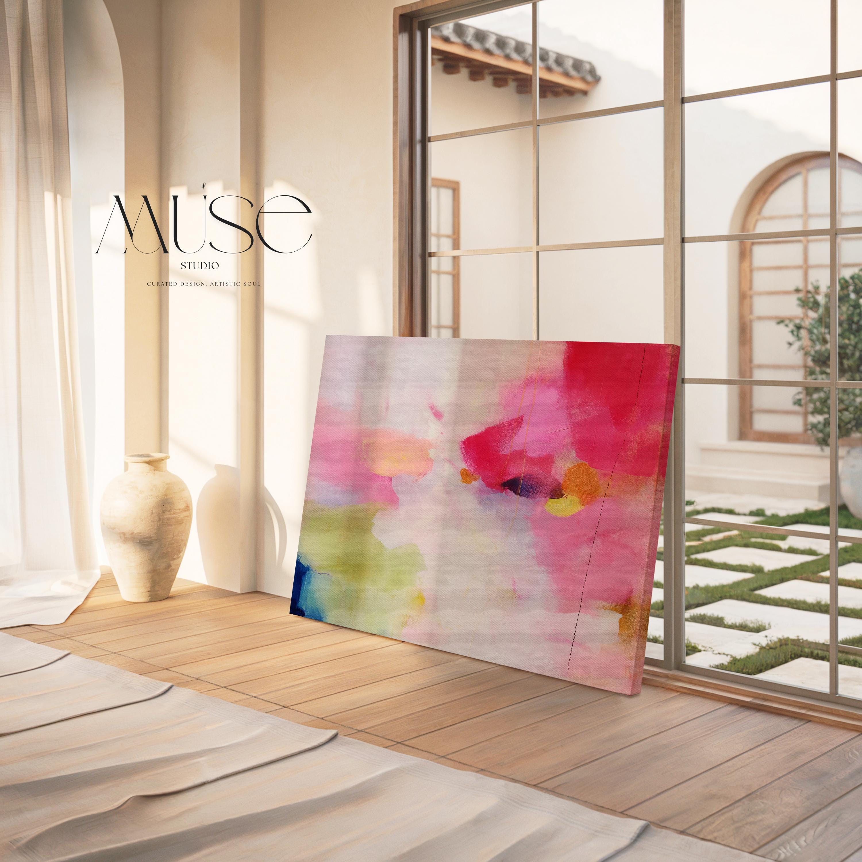 Stretched Canvas Art Large abstract wall decor on stretched canvas, gallery-wrapped and ready to hang. Perfect for colorful wall art in living rooms, office spaces, and design projects. Giclée canvas print with bold brushwork and vibrant modern style for impactful home decor. Muse Studio Decor Art. Oversized Canvas Wall Art Abstract Painting in Pink Yellow Blue Modern Color Pop Decor for Living Room or Office Dopamine Style 441