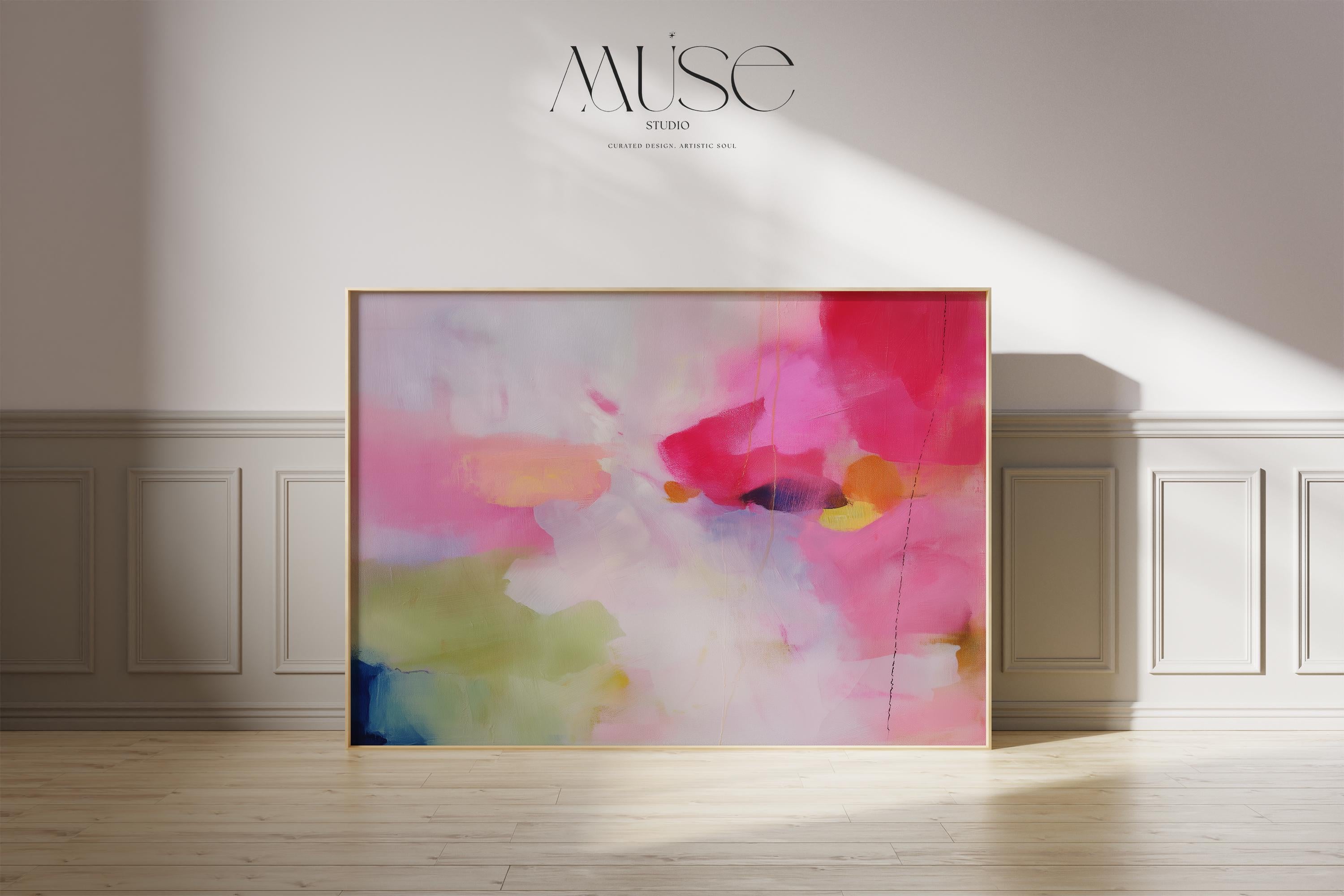 Fine art print of abstract decor art printed on rolled canvas or cold-pressed watercolor paper using giclée technique. Designed for modern interiors, home styling, or office decor. Bold and colorful statement art brings vibrant energy to curated spaces. Ideal for custom framing and large-scale wall displays. Muse Studio Decor Art. Abstract Poster Print Pink Yellow Blue Fine Art Wall Decor for Living Room Office or Bedroom Soft Statement Style Art 441