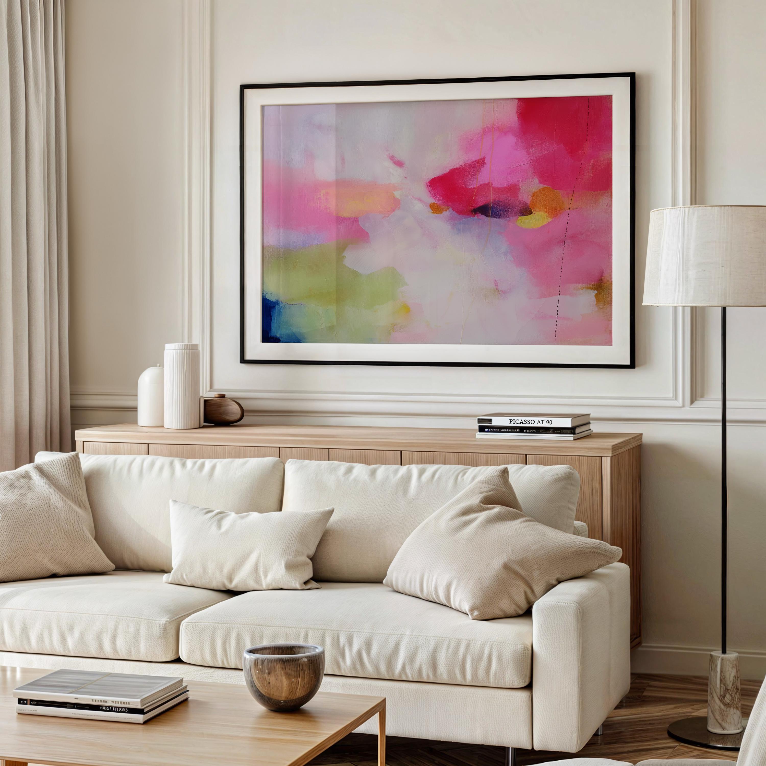 Fine art print of abstract decor art printed on rolled canvas or cold-pressed watercolor paper using giclée technique. Designed for modern interiors, home styling, or office decor. Bold and colorful statement art brings vibrant energy to curated spaces. Ideal for custom framing and large-scale wall displays. Muse Studio Decor Art. Abstract Poster Print Pink Yellow Blue Fine Art Wall Decor for Living Room Office or Bedroom Soft Statement Style Art 441