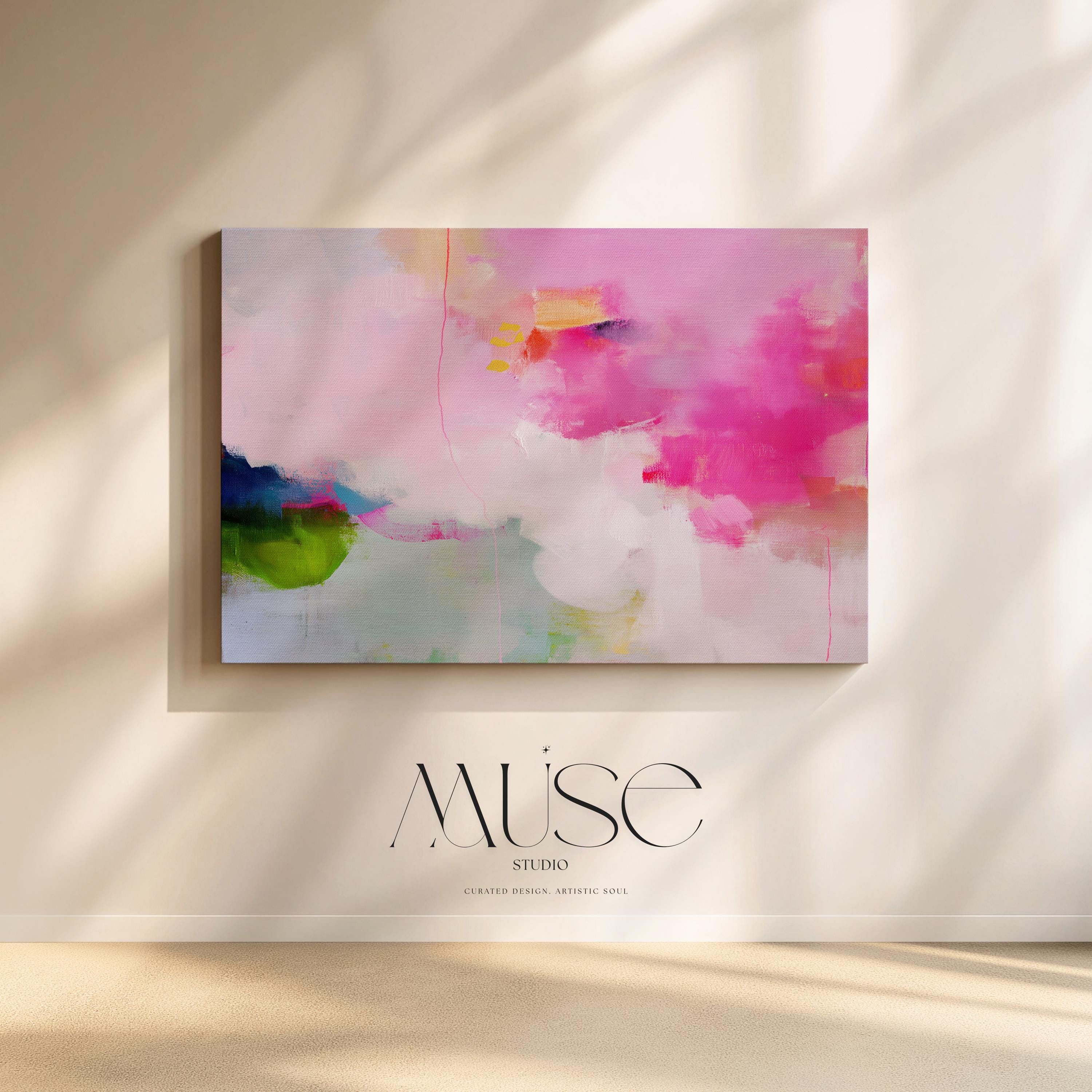 Stretched Canvas Art Large abstract wall decor on stretched canvas, gallery-wrapped and ready to hang. Perfect for colorful wall art in living rooms, office spaces, and design projects. Giclée canvas print with bold brushwork and vibrant modern style for impactful home decor. Muse Studio Decor Art. Oversized Canvas Wall Art Pink Green Abstract Painting Preppy Modern Decor for Dorm Teen Room or Office Bold Colorful Art 424