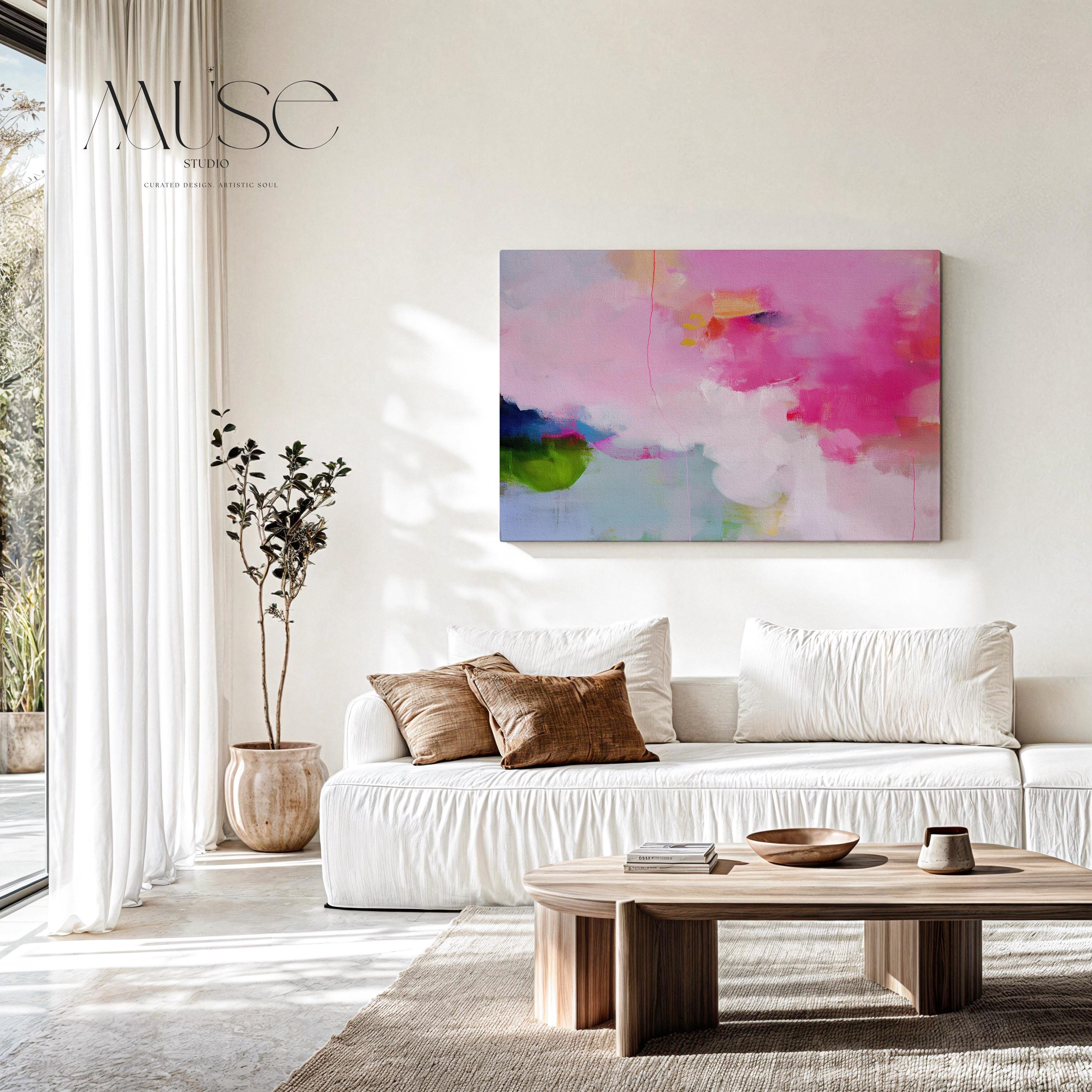 Stretched Canvas Art Large abstract wall decor on stretched canvas, gallery-wrapped and ready to hang. Perfect for colorful wall art in living rooms, office spaces, and design projects. Giclée canvas print with bold brushwork and vibrant modern style for impactful home decor. Muse Studio Decor Art. Oversized Canvas Wall Art Pink Green Abstract Painting Preppy Modern Decor for Dorm Teen Room or Office Bold Colorful Art 424