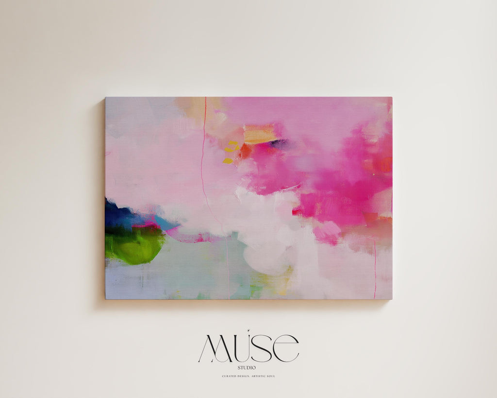 Stretched Canvas Art Large abstract wall decor on stretched canvas, gallery-wrapped and ready to hang. Perfect for colorful wall art in living rooms, office spaces, and design projects. Giclée canvas print with bold brushwork and vibrant modern style for impactful home decor. Muse Studio Decor Art. Oversized Canvas Wall Art Pink Green Abstract Painting Preppy Modern Decor for Dorm Teen Room or Office Bold Colorful Art 424