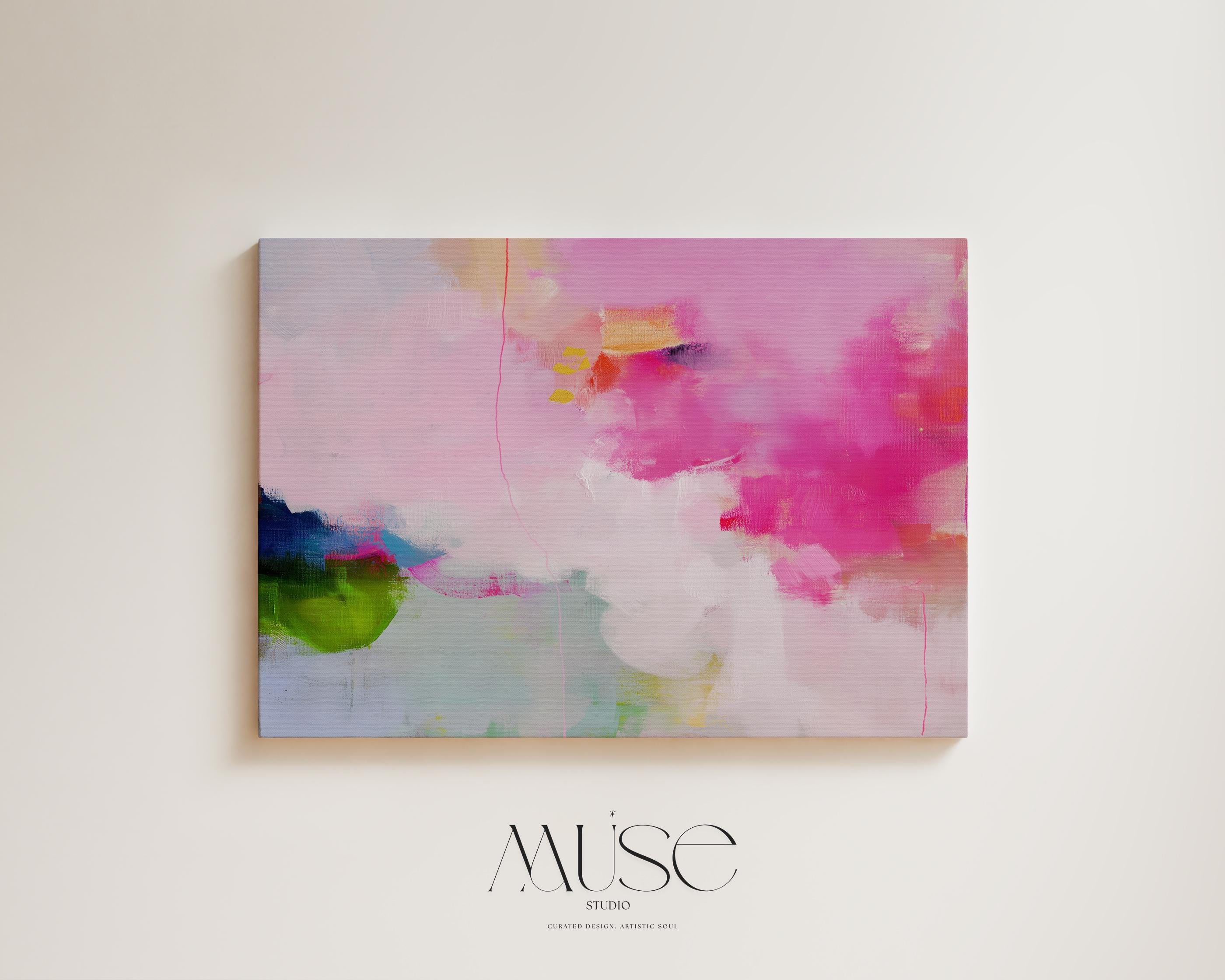Stretched Canvas Art Large abstract wall decor on stretched canvas, gallery-wrapped and ready to hang. Perfect for colorful wall art in living rooms, office spaces, and design projects. Giclée canvas print with bold brushwork and vibrant modern style for impactful home decor. Muse Studio Decor Art. Oversized Canvas Wall Art Pink Green Abstract Painting Preppy Modern Decor for Dorm Teen Room or Office Bold Colorful Art 424