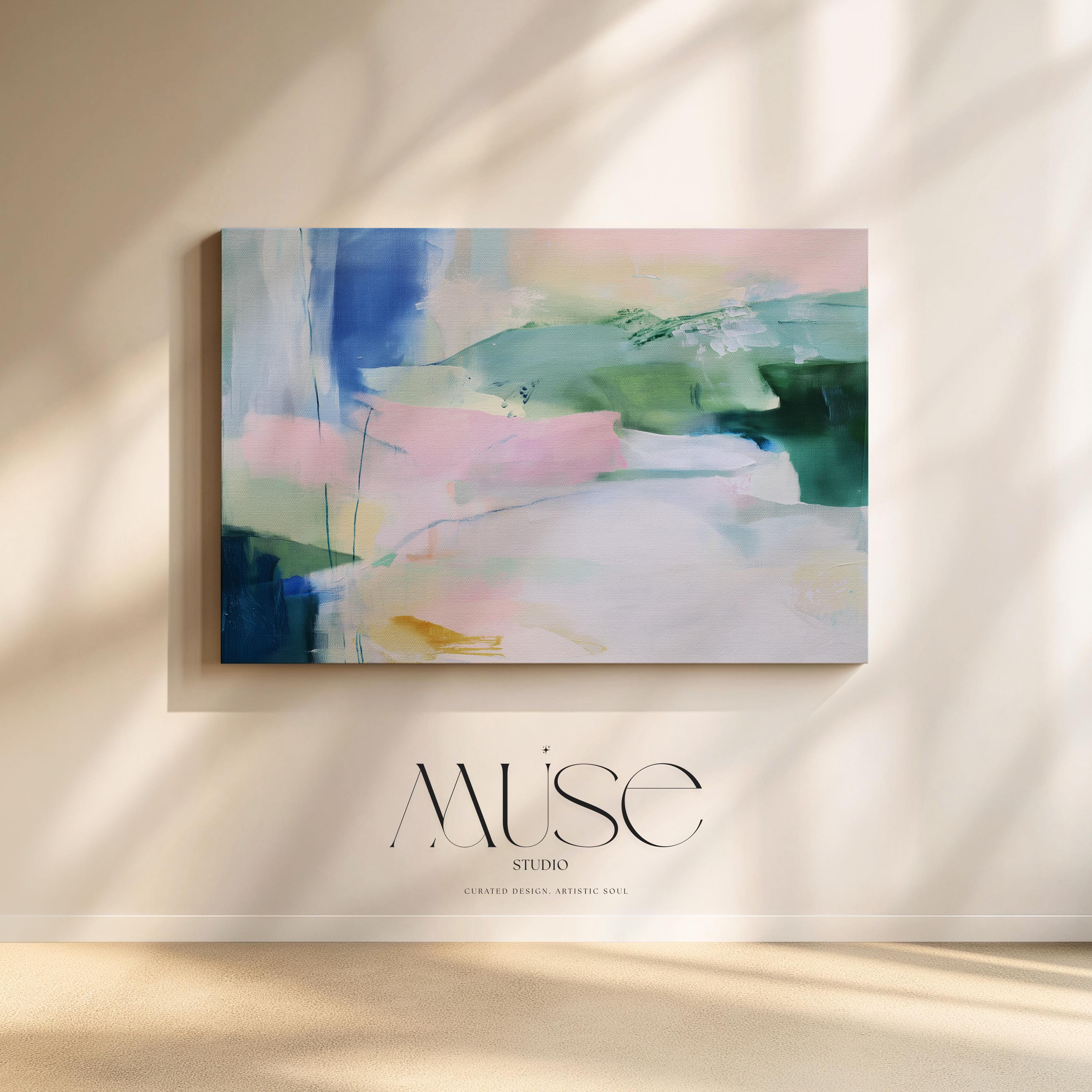 Stretched Canvas Art Large abstract wall decor on stretched canvas, gallery-wrapped and ready to hang. Perfect for colorful wall art in living rooms, office spaces, and design projects. Giclée canvas print with bold brushwork and vibrant modern style for impactful home decor. Muse Studio Decor Art.  Oversized Canvas Wall Art Abstract Painting in Soft Green Blue Blush Neutral Modern Decor for Bedroom or Living Room Muted Style 422