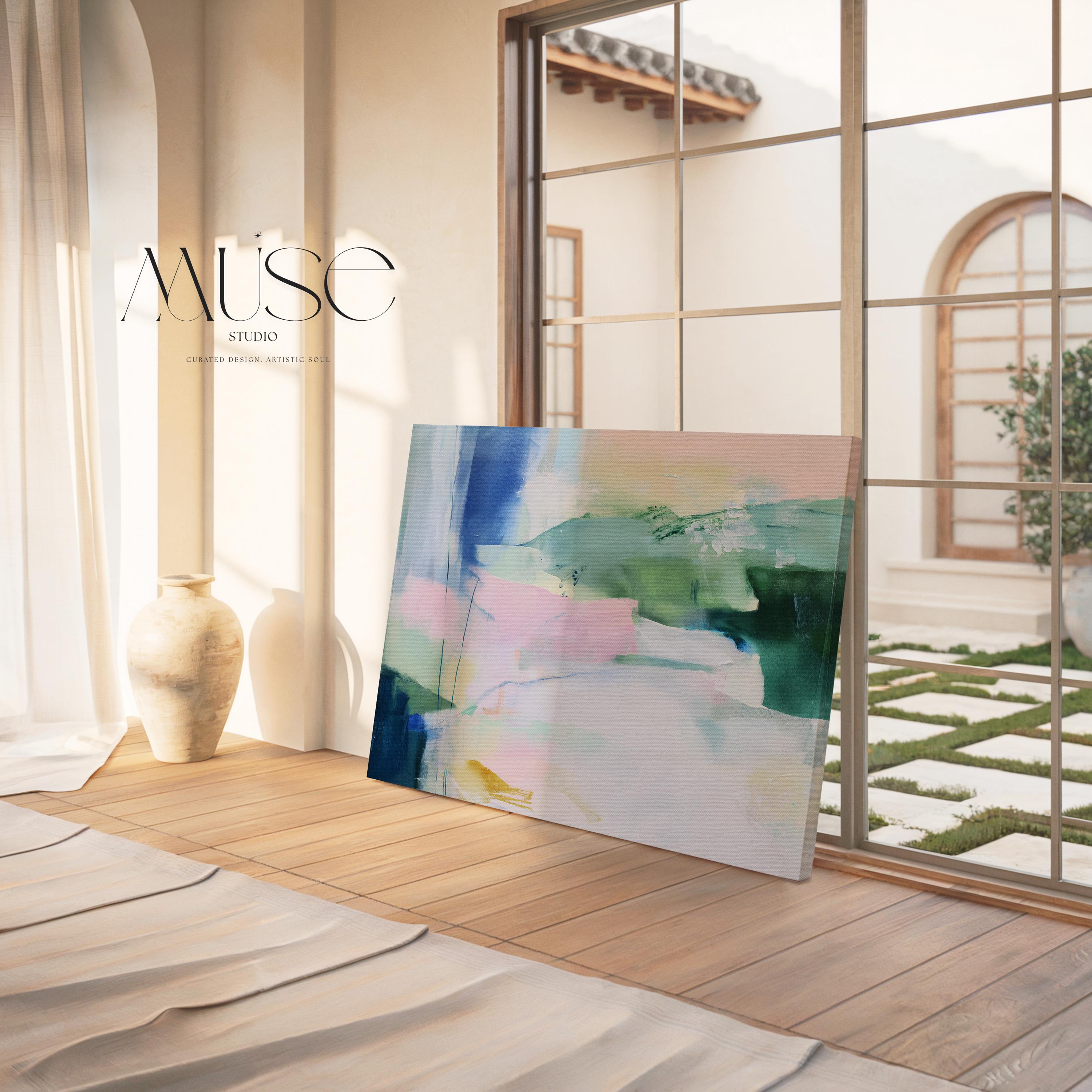 Stretched Canvas Art Large abstract wall decor on stretched canvas, gallery-wrapped and ready to hang. Perfect for colorful wall art in living rooms, office spaces, and design projects. Giclée canvas print with bold brushwork and vibrant modern style for impactful home decor. Muse Studio Decor Art.  Oversized Canvas Wall Art Abstract Painting in Soft Green Blue Blush Neutral Modern Decor for Bedroom or Living Room Muted Style 422