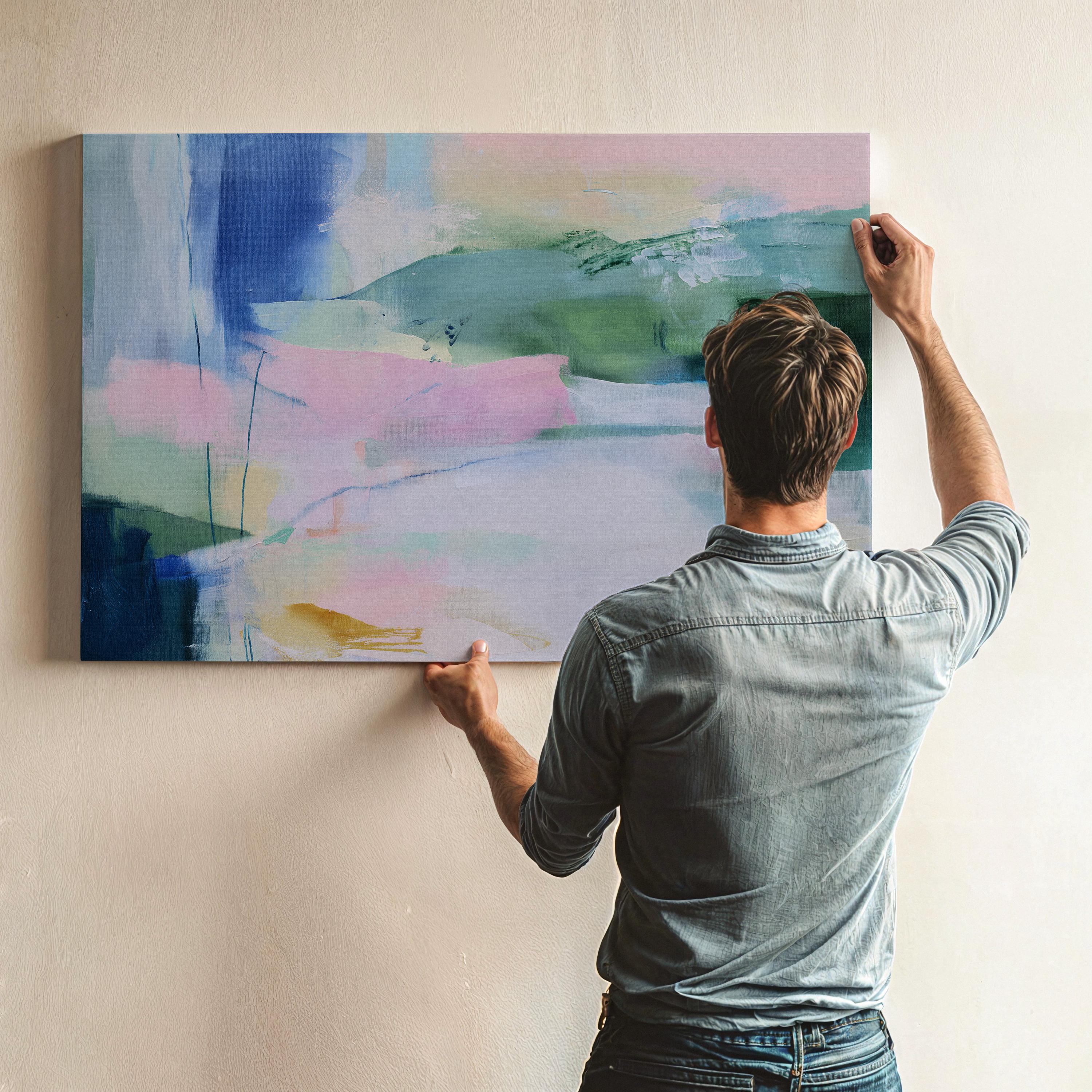 Stretched Canvas Art Large abstract wall decor on stretched canvas, gallery-wrapped and ready to hang. Perfect for colorful wall art in living rooms, office spaces, and design projects. Giclée canvas print with bold brushwork and vibrant modern style for impactful home decor. Muse Studio Decor Art.  Oversized Canvas Wall Art Abstract Painting in Soft Green Blue Blush Neutral Modern Decor for Bedroom or Living Room Muted Style 422