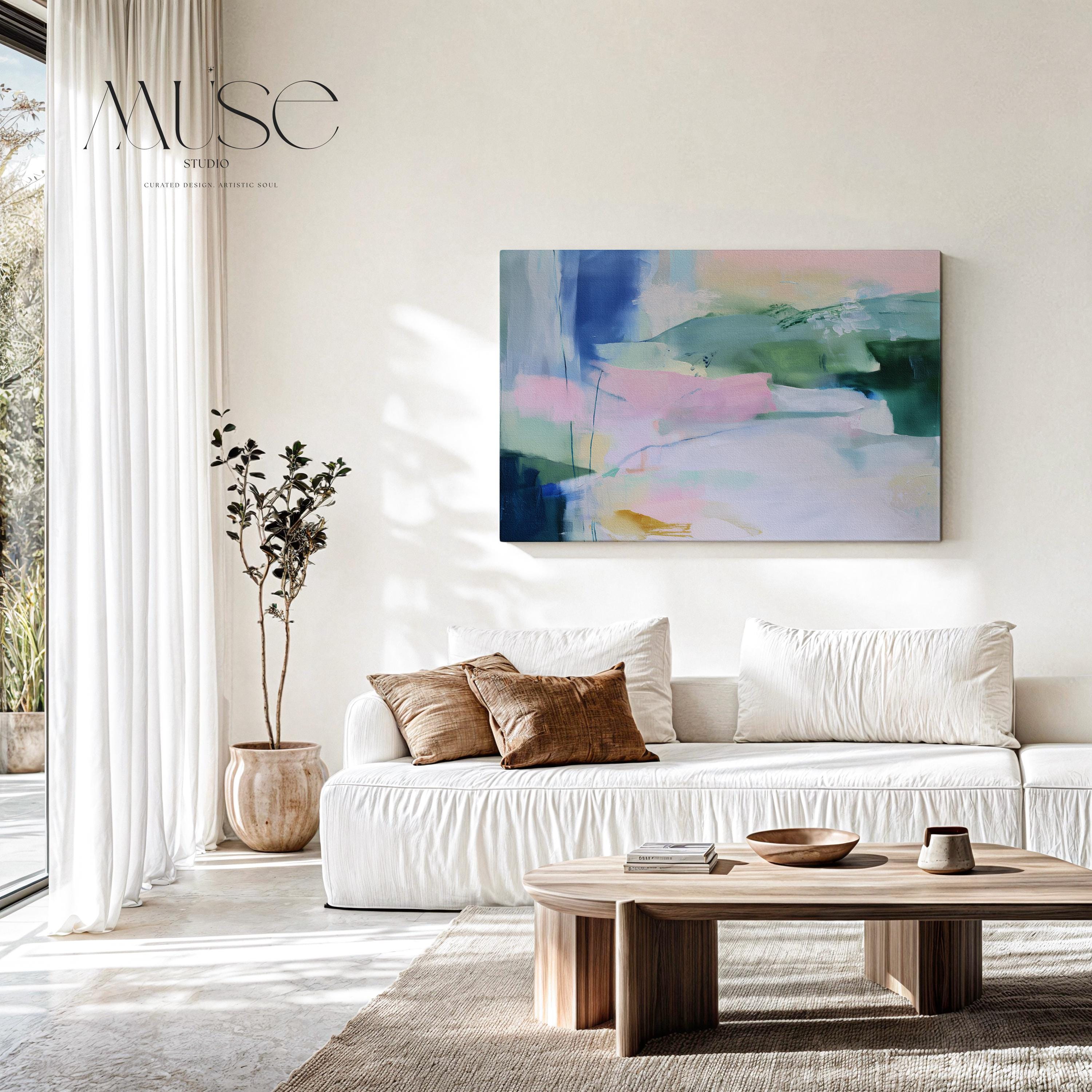 Stretched Canvas Art Large abstract wall decor on stretched canvas, gallery-wrapped and ready to hang. Perfect for colorful wall art in living rooms, office spaces, and design projects. Giclée canvas print with bold brushwork and vibrant modern style for impactful home decor. Muse Studio Decor Art.  Oversized Canvas Wall Art Abstract Painting in Soft Green Blue Blush Neutral Modern Decor for Bedroom or Living Room Muted Style 422