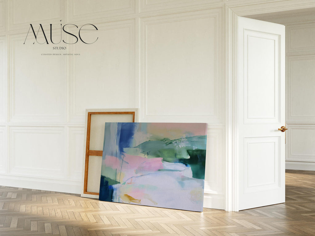 Stretched Canvas Art Large abstract wall decor on stretched canvas, gallery-wrapped and ready to hang. Perfect for colorful wall art in living rooms, office spaces, and design projects. Giclée canvas print with bold brushwork and vibrant modern style for impactful home decor. Muse Studio Decor Art.  Oversized Canvas Wall Art Abstract Painting in Soft Green Blue Blush Neutral Modern Decor for Bedroom or Living Room Muted Style 422