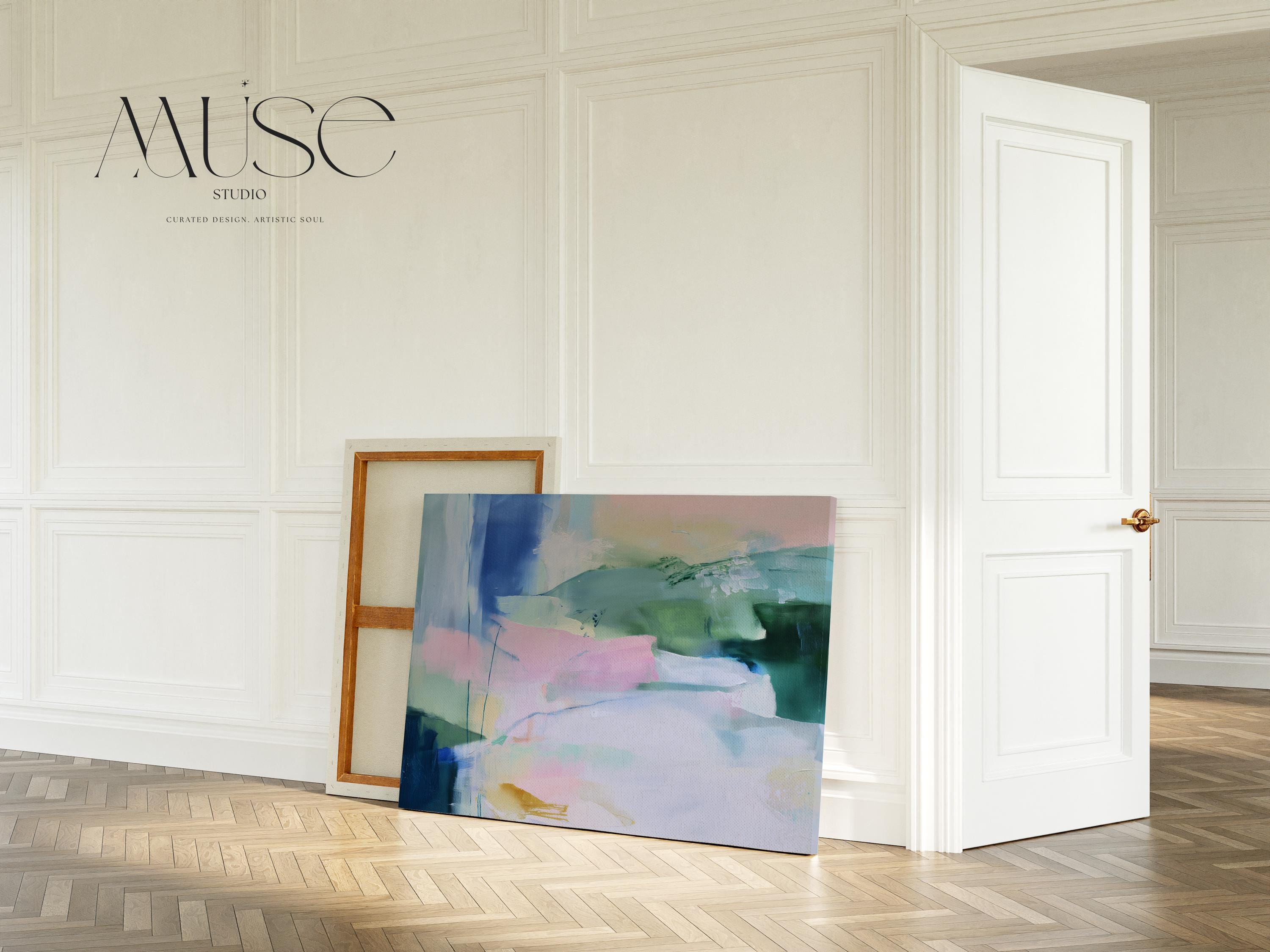 Stretched Canvas Art Large abstract wall decor on stretched canvas, gallery-wrapped and ready to hang. Perfect for colorful wall art in living rooms, office spaces, and design projects. Giclée canvas print with bold brushwork and vibrant modern style for impactful home decor. Muse Studio Decor Art.  Oversized Canvas Wall Art Abstract Painting in Soft Green Blue Blush Neutral Modern Decor for Bedroom or Living Room Muted Style 422