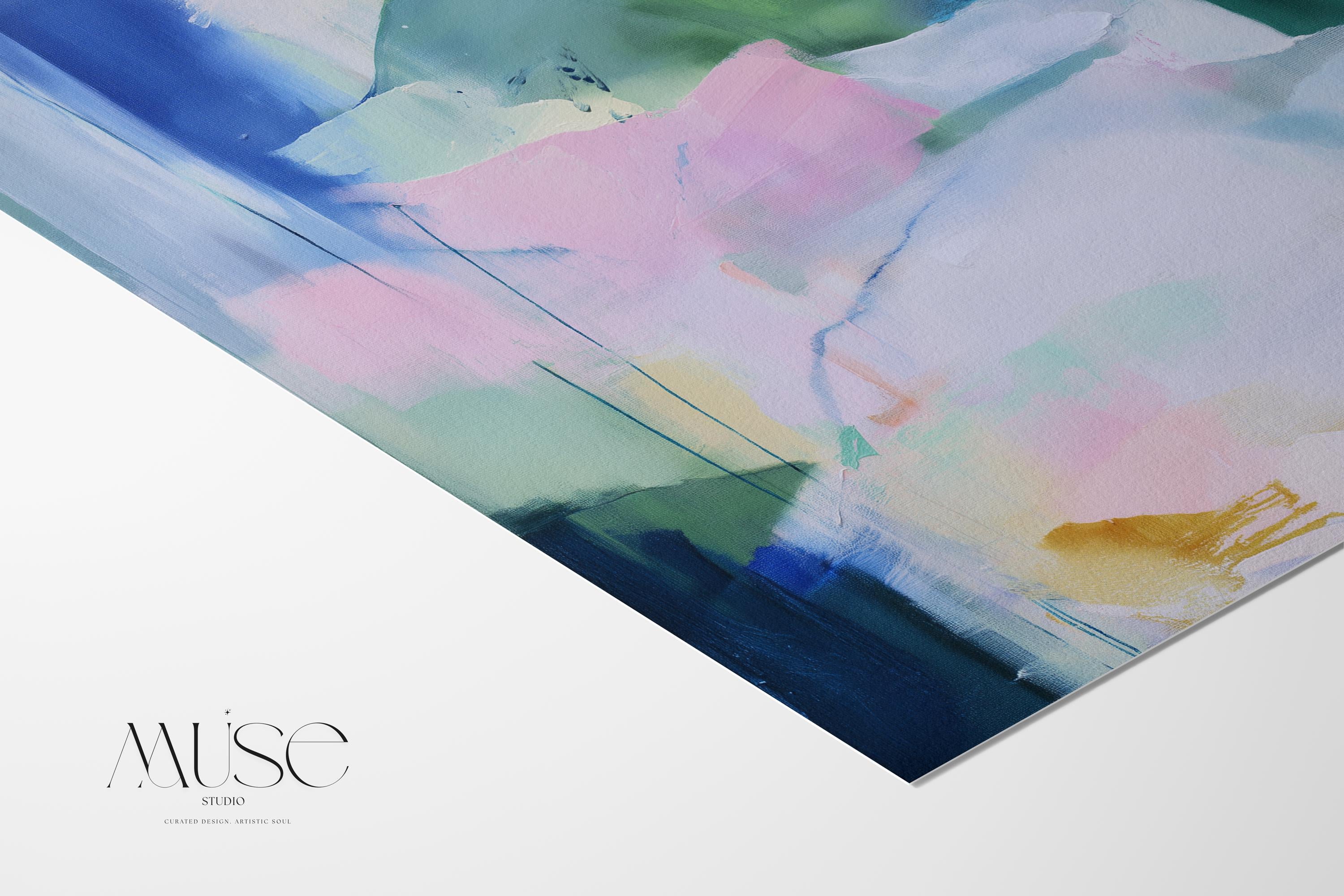 Fine art print of abstract decor art printed on rolled canvas or cold-pressed watercolor paper using giclée technique. Designed for modern interiors, home styling, or office decor. Bold and colorful statement art brings vibrant energy to curated spaces. Ideal for custom framing and large-scale wall displays. Muse Studio Decor Art. Abstract Poster Print Soft Green Blue Landscape Inspired Wall Art Modern Nature Decor for Bedroom or Office Giclée Print 422