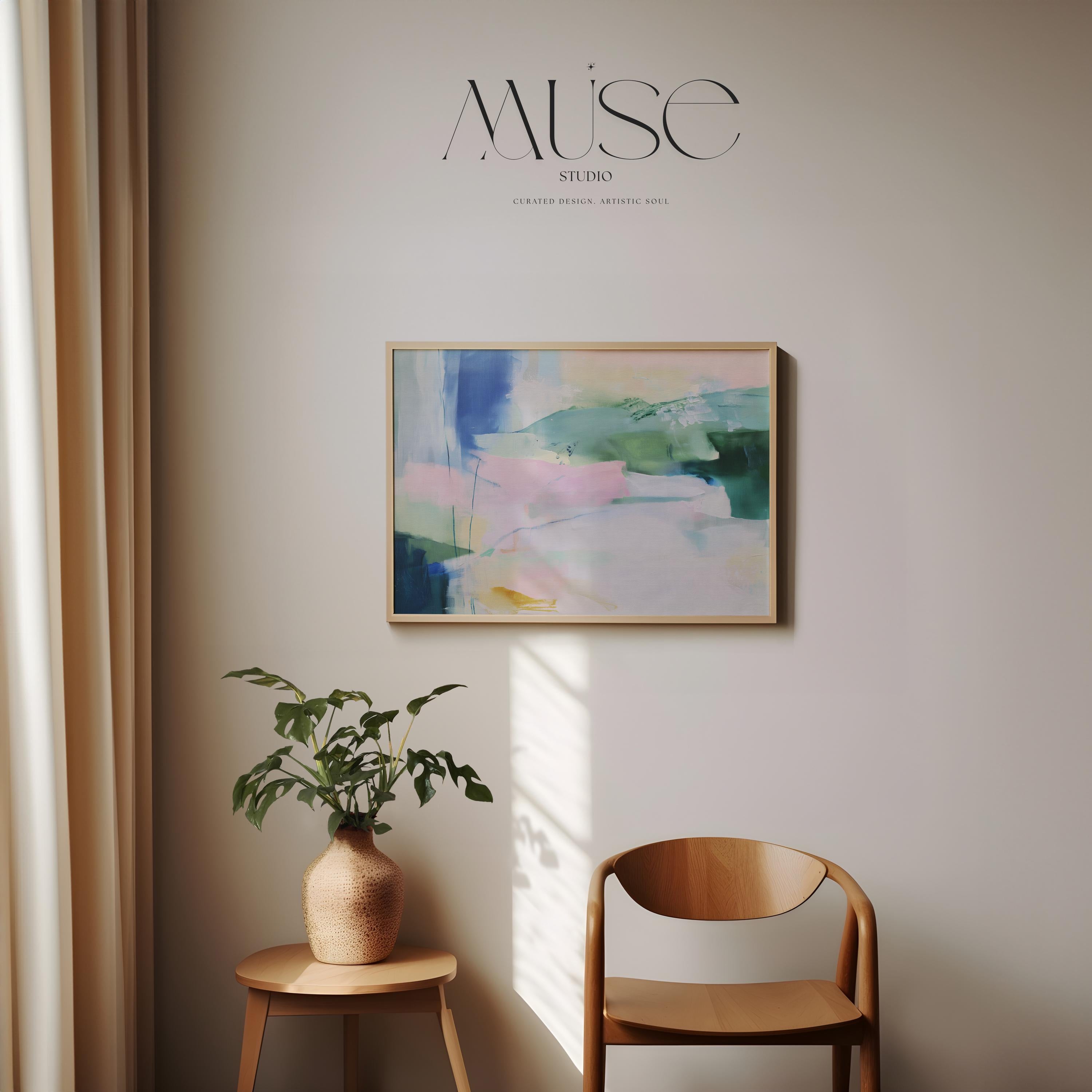 Drifting Dreams No. 422 by Muse Studio & Co. colorful abstract wall art print in blue, green, and blush pink, printed with museum-grade giclée inks on premium artist paper. Staged in modern neutral decor as a large statement art print for living room, bedroom, or office interiors.