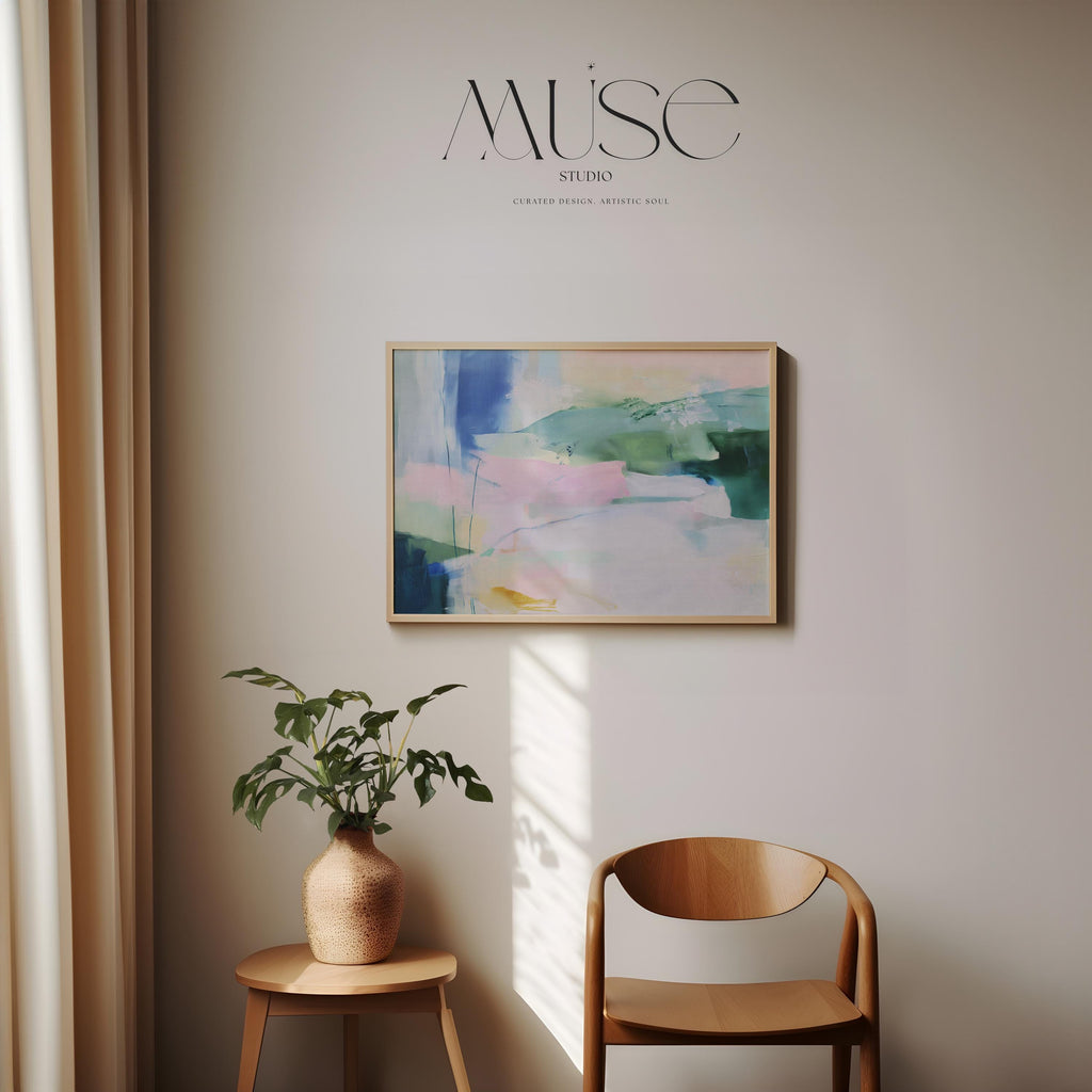 Drifting Dreams No. 422 by Muse Studio & Co. colorful abstract wall art print in blue, green, and blush pink, printed with museum-grade giclée inks on premium artist paper. Staged in modern neutral decor as a large statement art print for living room, bedroom, or office interiors.