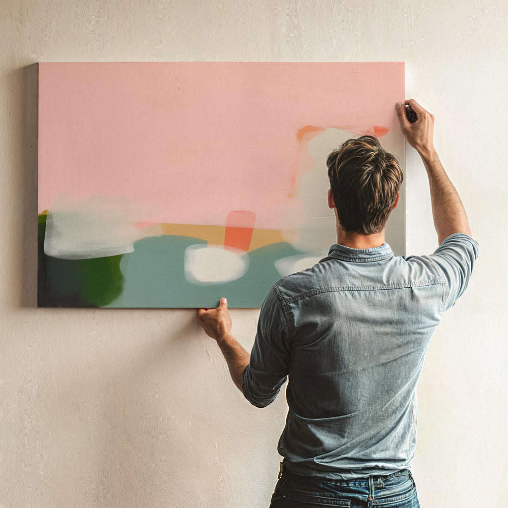 Stretched Canvas Art Large abstract wall decor on stretched canvas, gallery-wrapped and ready to hang. Perfect for colorful wall art in living rooms, office spaces, and design projects. Giclée canvas print with bold brushwork and vibrant modern style for impactful home decor. Muse Studio Decor Art. Warm Minimalist Abstract Canvas Wall Art Peach Green Pink Modern Horizontal Painting for Living Room Office or Entryway Decor Art 363