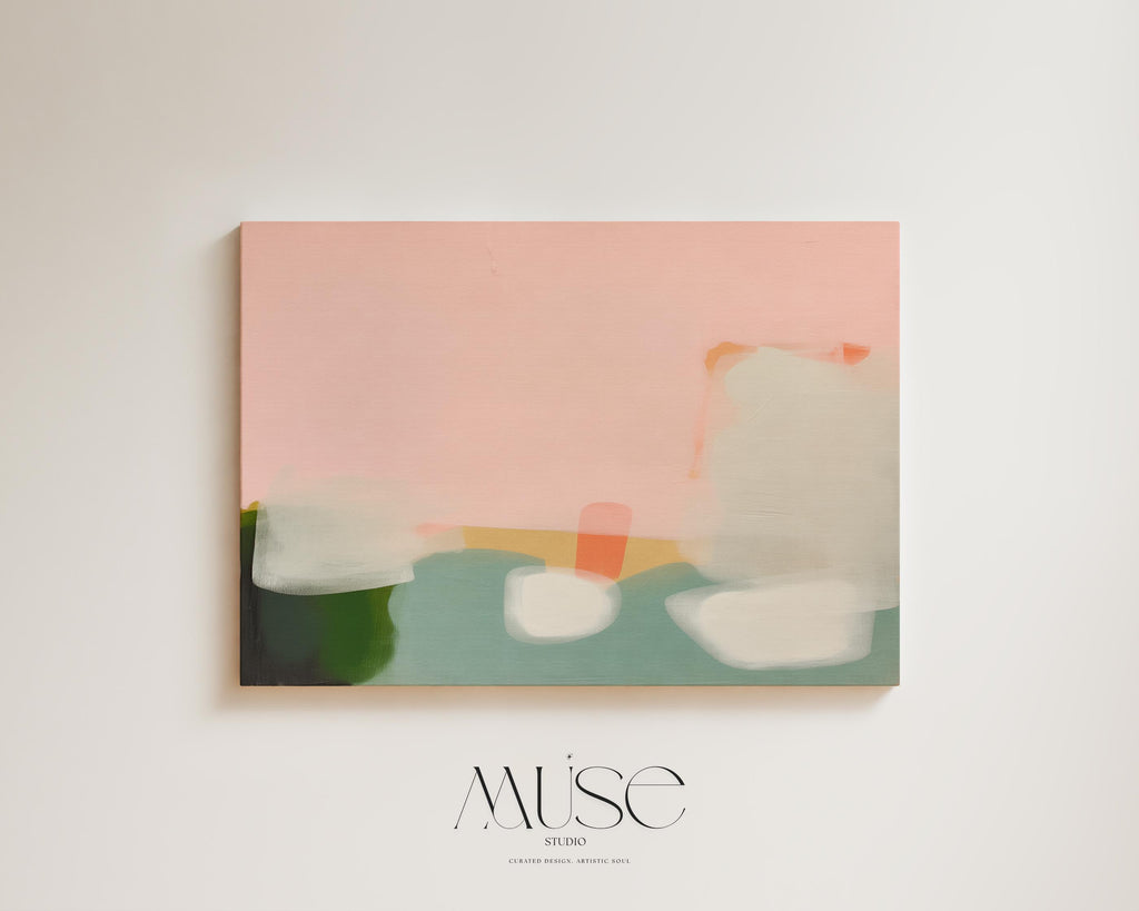 Stretched Canvas Art Large abstract wall decor on stretched canvas, gallery-wrapped and ready to hang. Perfect for colorful wall art in living rooms, office spaces, and design projects. Giclée canvas print with bold brushwork and vibrant modern style for impactful home decor. Muse Studio Decor Art. Warm Minimalist Abstract Canvas Wall Art Peach Green Pink Modern Horizontal Painting for Living Room Office or Entryway Decor Art 363