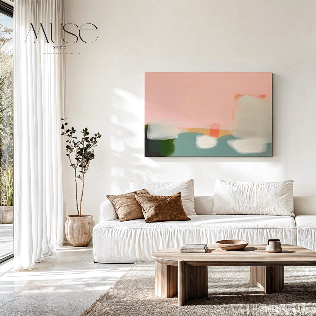 Stretched Canvas Art Large abstract wall decor on stretched canvas, gallery-wrapped and ready to hang. Perfect for colorful wall art in living rooms, office spaces, and design projects. Giclée canvas print with bold brushwork and vibrant modern style for impactful home decor. Muse Studio Decor Art. Warm Minimalist Abstract Canvas Wall Art Peach Green Pink Modern Horizontal Painting for Living Room Office or Entryway Decor Art 363