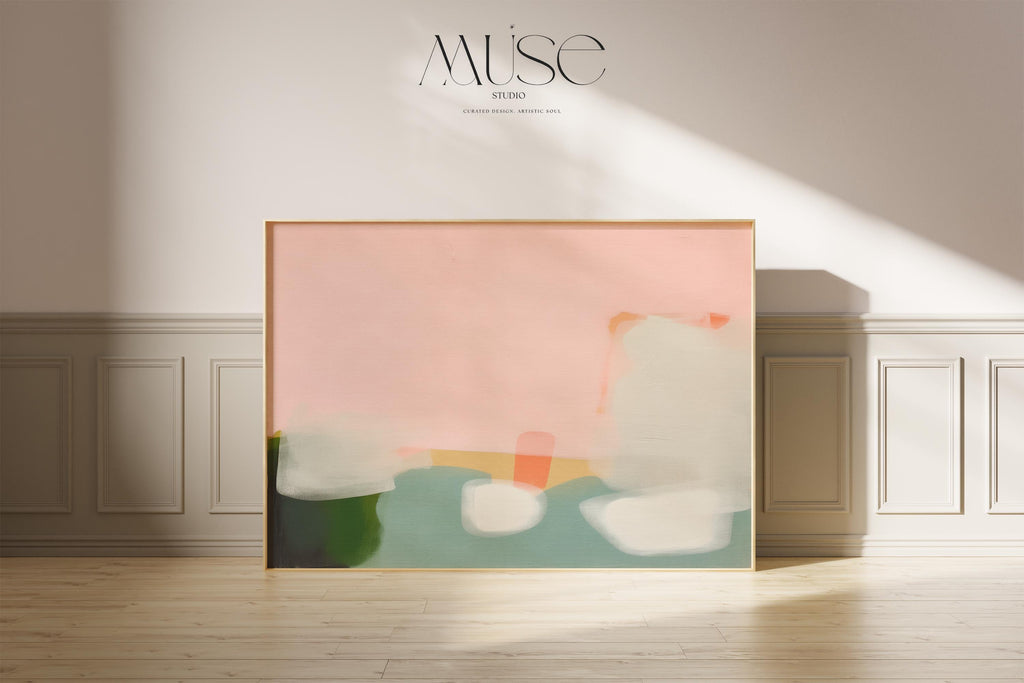 Warm Minimalist Abstract Art Print  in Peach and Green Horizontal Soft Pastel Painting for Bedroom Entryway or Office Decor 363