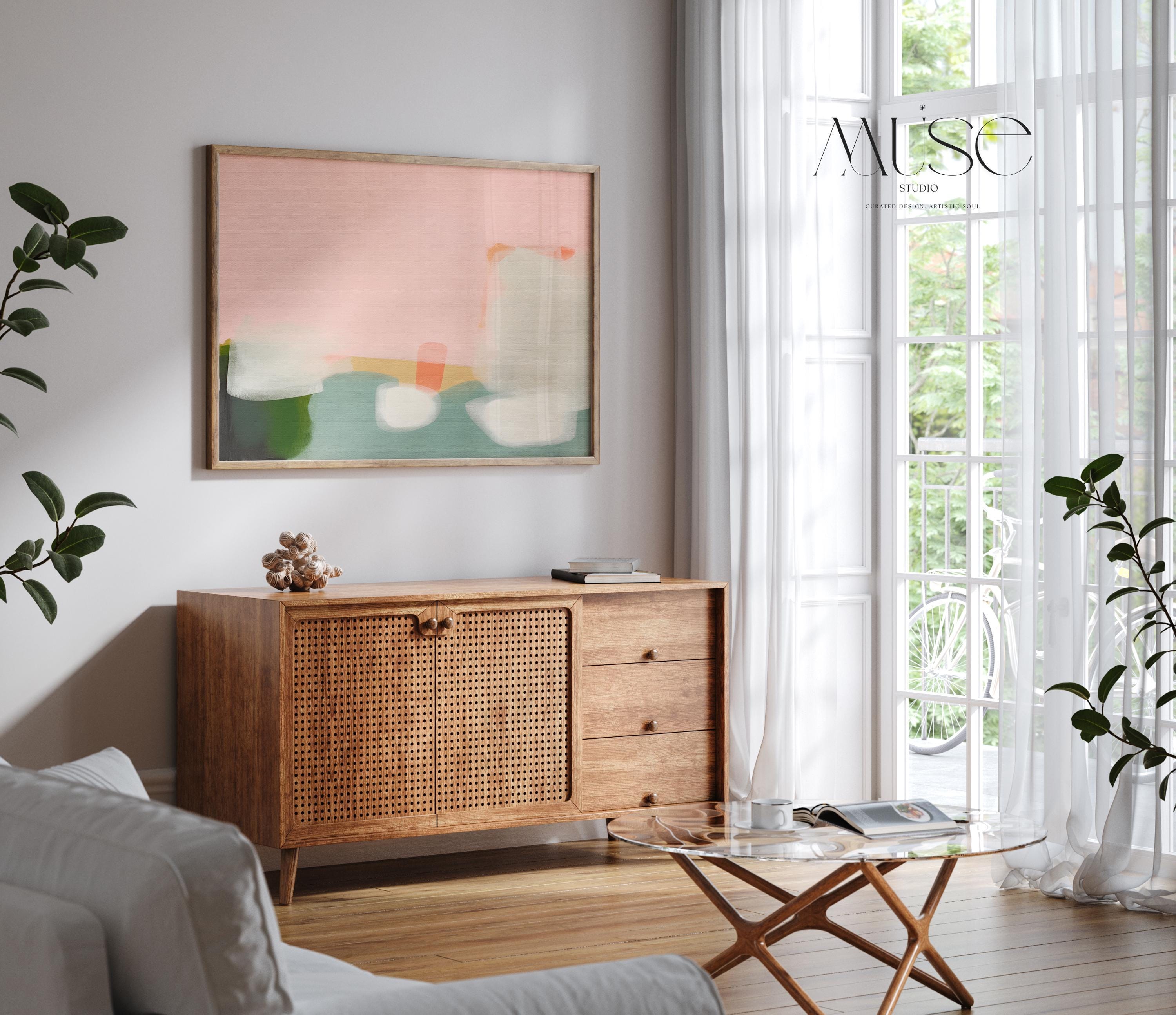 Warm Minimalist Abstract Art Print  in Peach and Green Horizontal Soft Pastel Painting for Bedroom Entryway or Office Decor 363