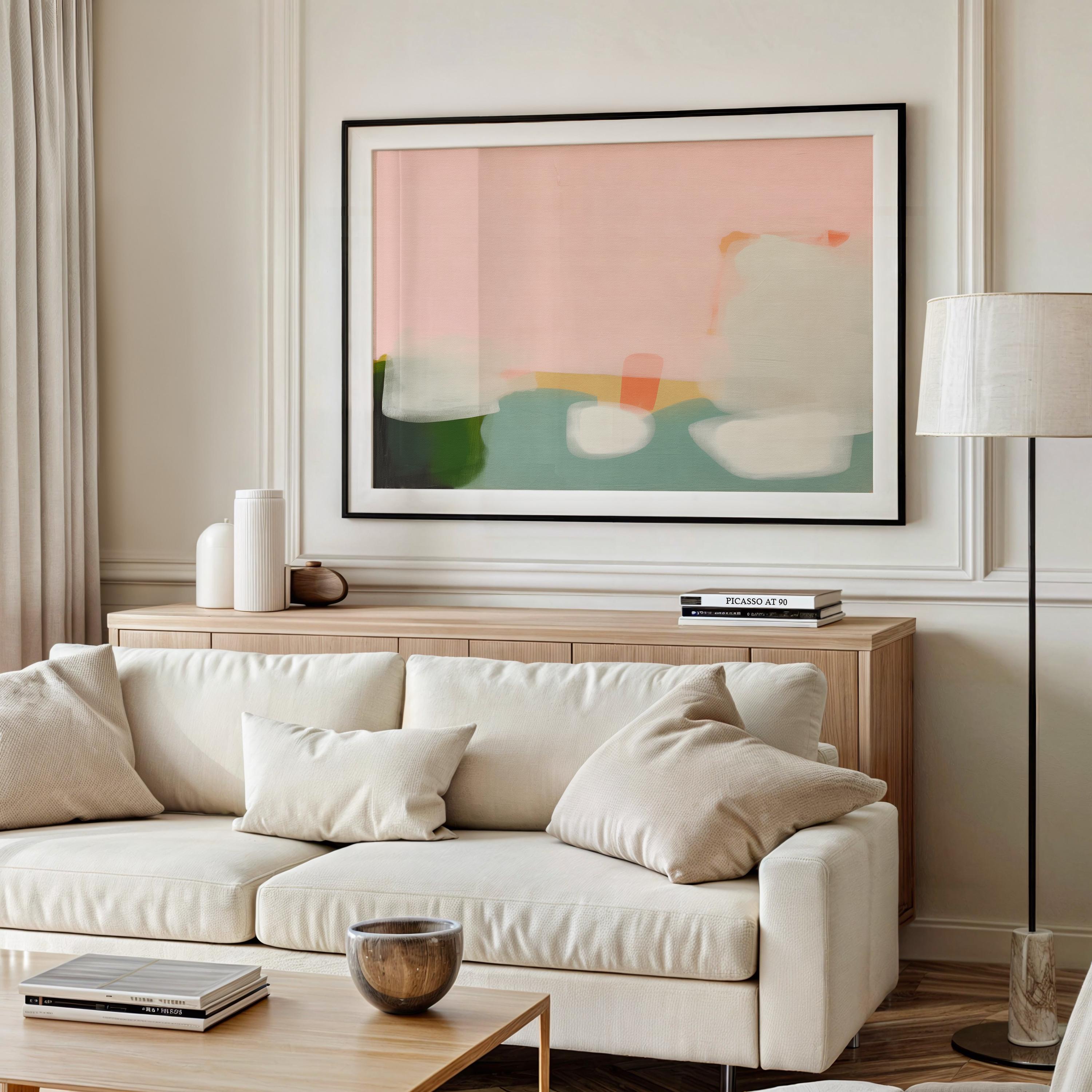 Warm Minimalist Abstract Art Print  in Peach and Green Horizontal Soft Pastel Painting for Bedroom Entryway or Office Decor 363