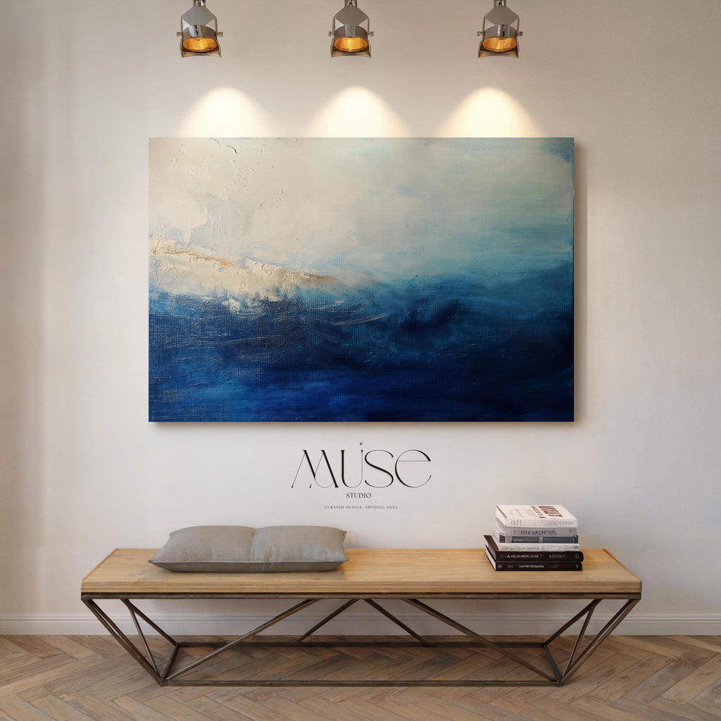 Ocean Blue Abstract Wall Art Print Coastal Inspired Horizontal Painting with Moody Navy and Cream Tones for Bedroom or Office Decor 347