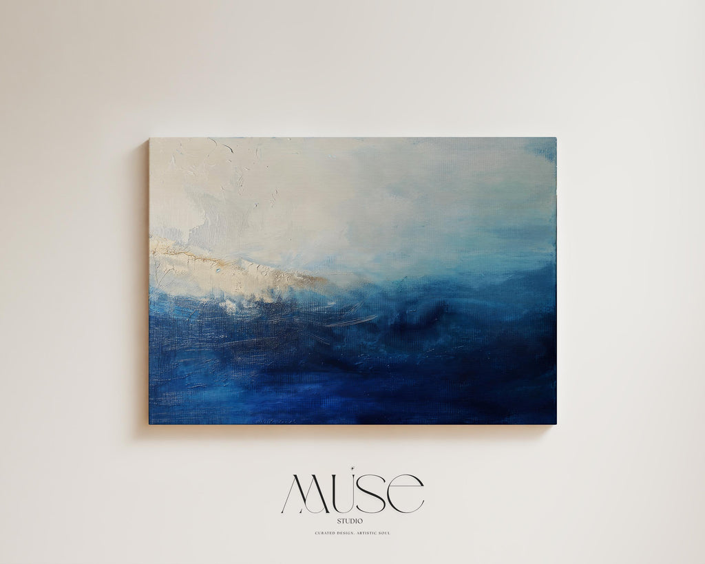 Ocean Blue Abstract Wall Art Print Coastal Inspired Horizontal Painting with Moody Navy and Cream Tones for Bedroom or Office Decor 347