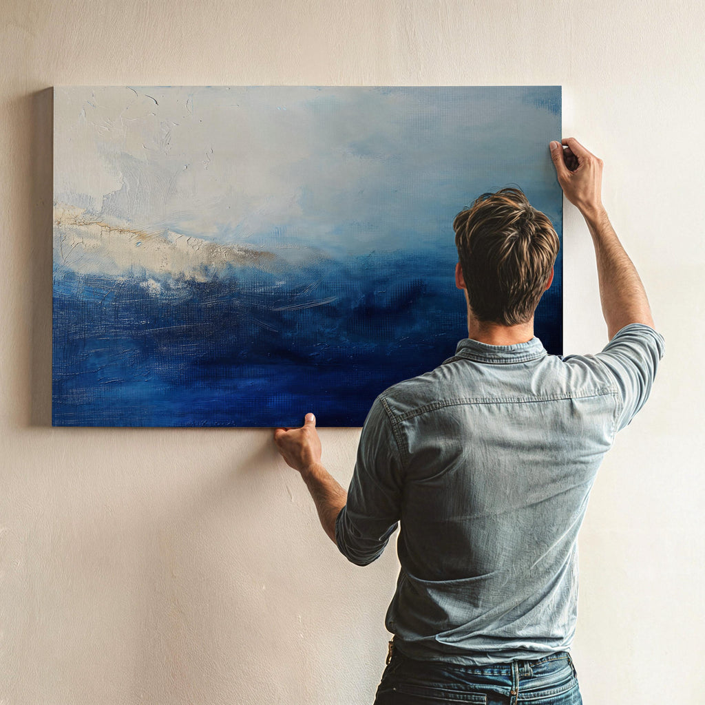 Ocean Blue Abstract Wall Art Print Coastal Inspired Horizontal Painting with Moody Navy and Cream Tones for Bedroom or Office Decor 347