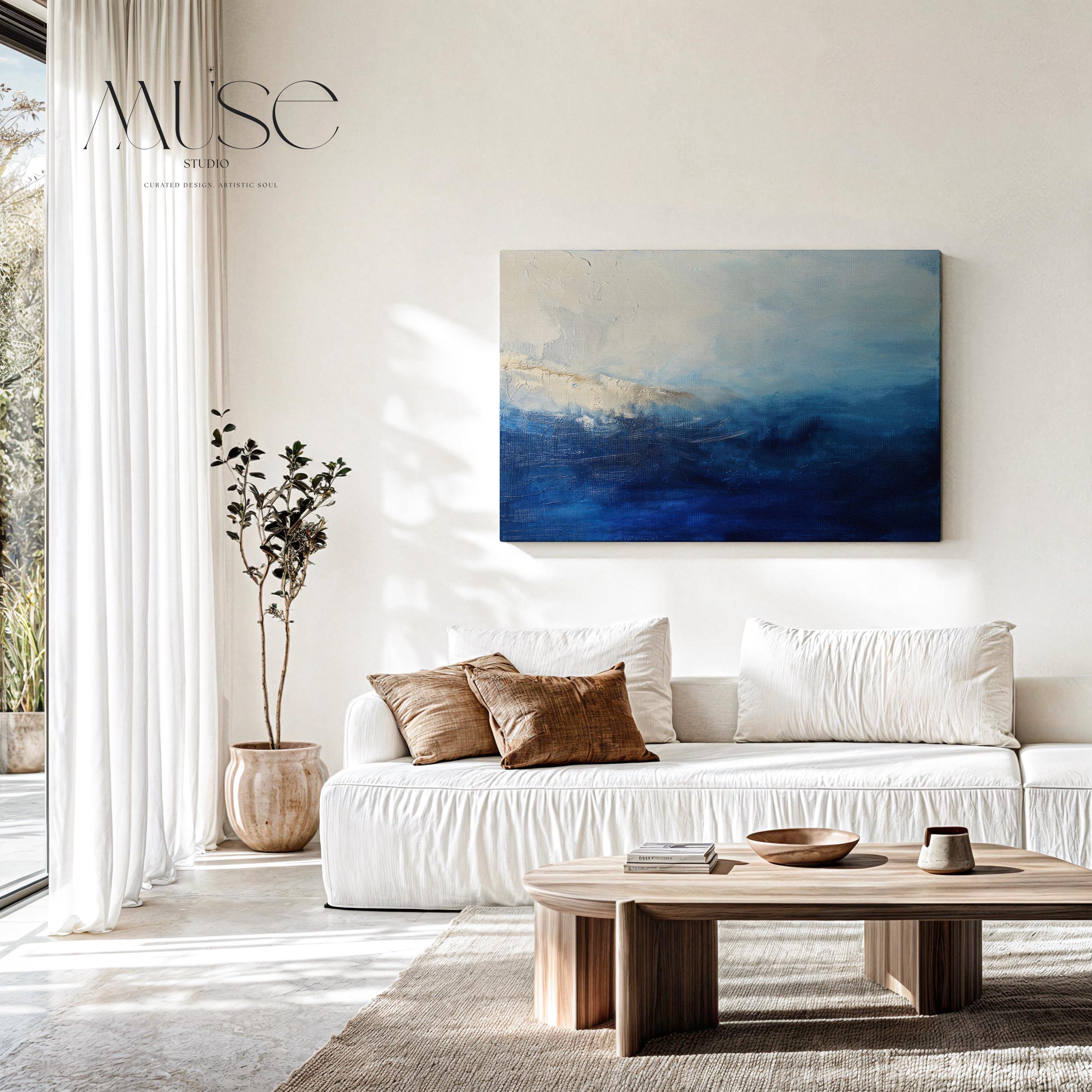 Ocean Blue Abstract Wall Art Print Coastal Inspired Horizontal Painting with Moody Navy and Cream Tones for Bedroom or Office Decor 347