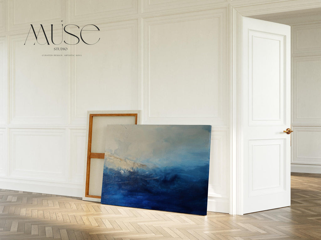 Ocean Blue Abstract Wall Art Print Coastal Inspired Horizontal Painting with Moody Navy and Cream Tones for Bedroom or Office Decor 347