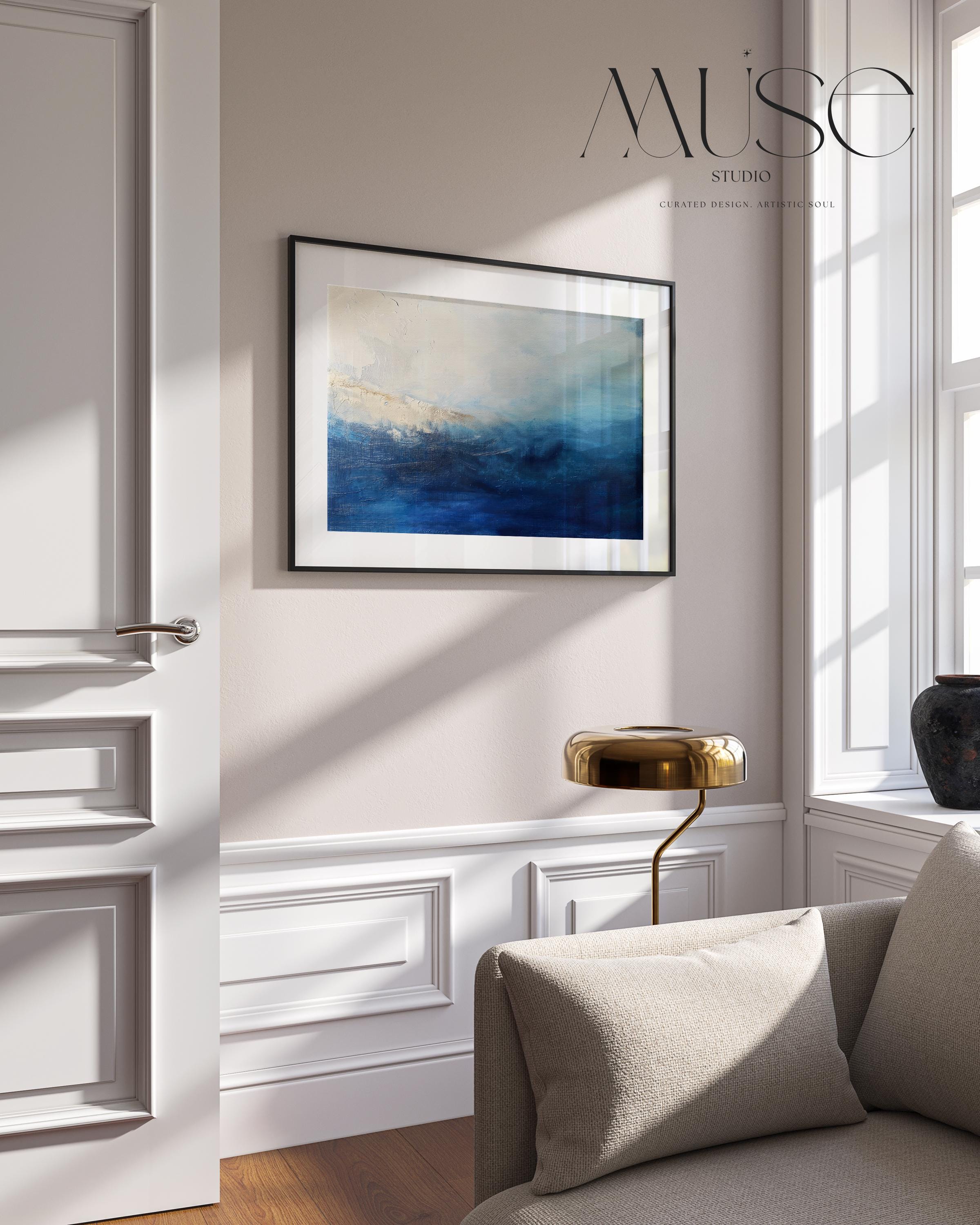 Ocean Horizon Abstract Art Print  Moody Blue and Cream Coastal Painting Large Horizontal Wall Decor for Bedroom or Office Framed 347