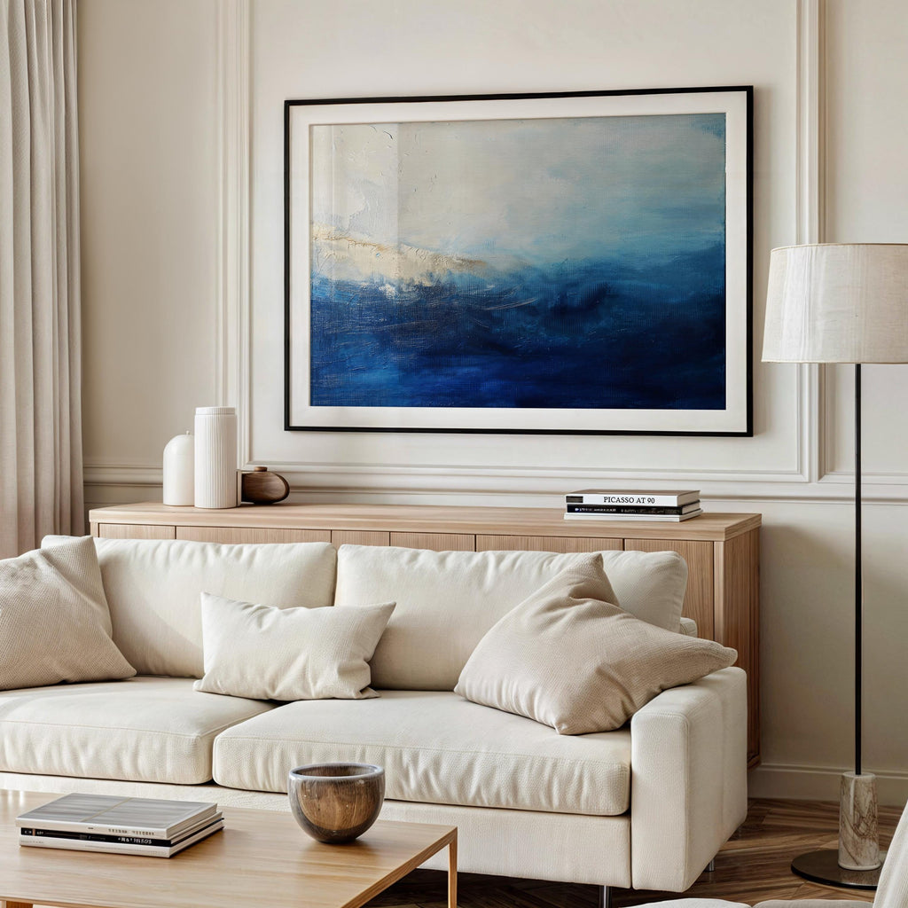 Ocean Horizon Abstract Art Print  Moody Blue and Cream Coastal Painting Large Horizontal Wall Decor for Bedroom or Office Framed 347