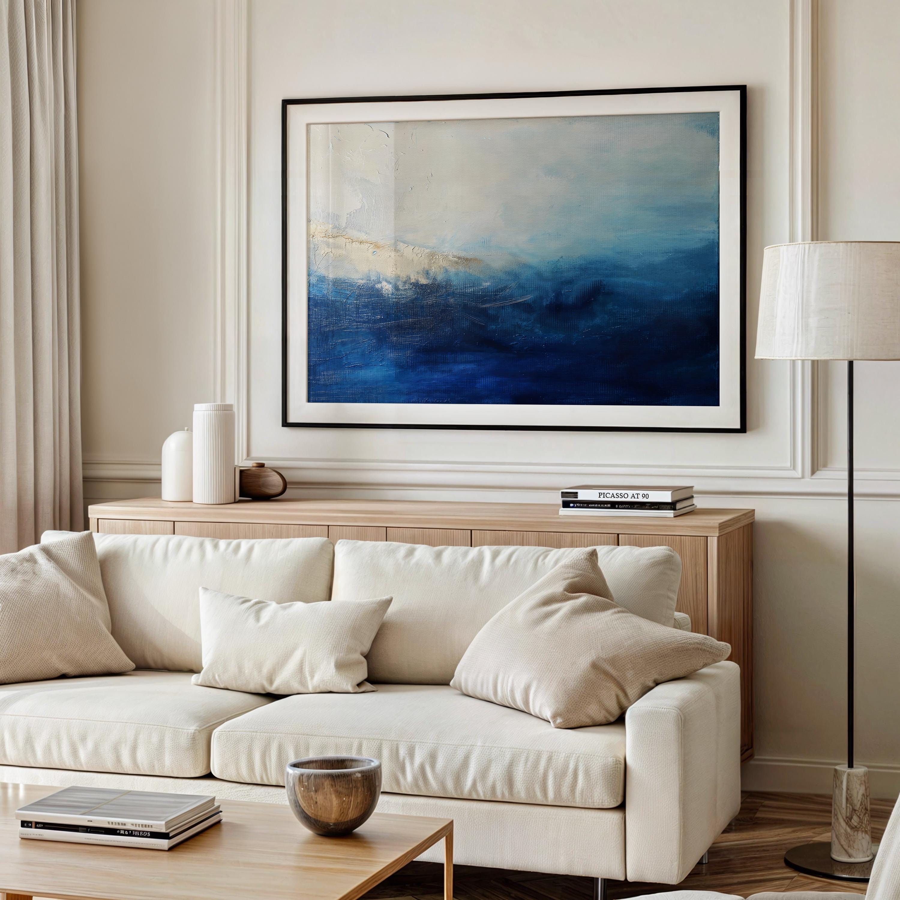 Ocean Horizon Abstract Art Print  Moody Blue and Cream Coastal Painting Large Horizontal Wall Decor for Bedroom or Office Framed 347