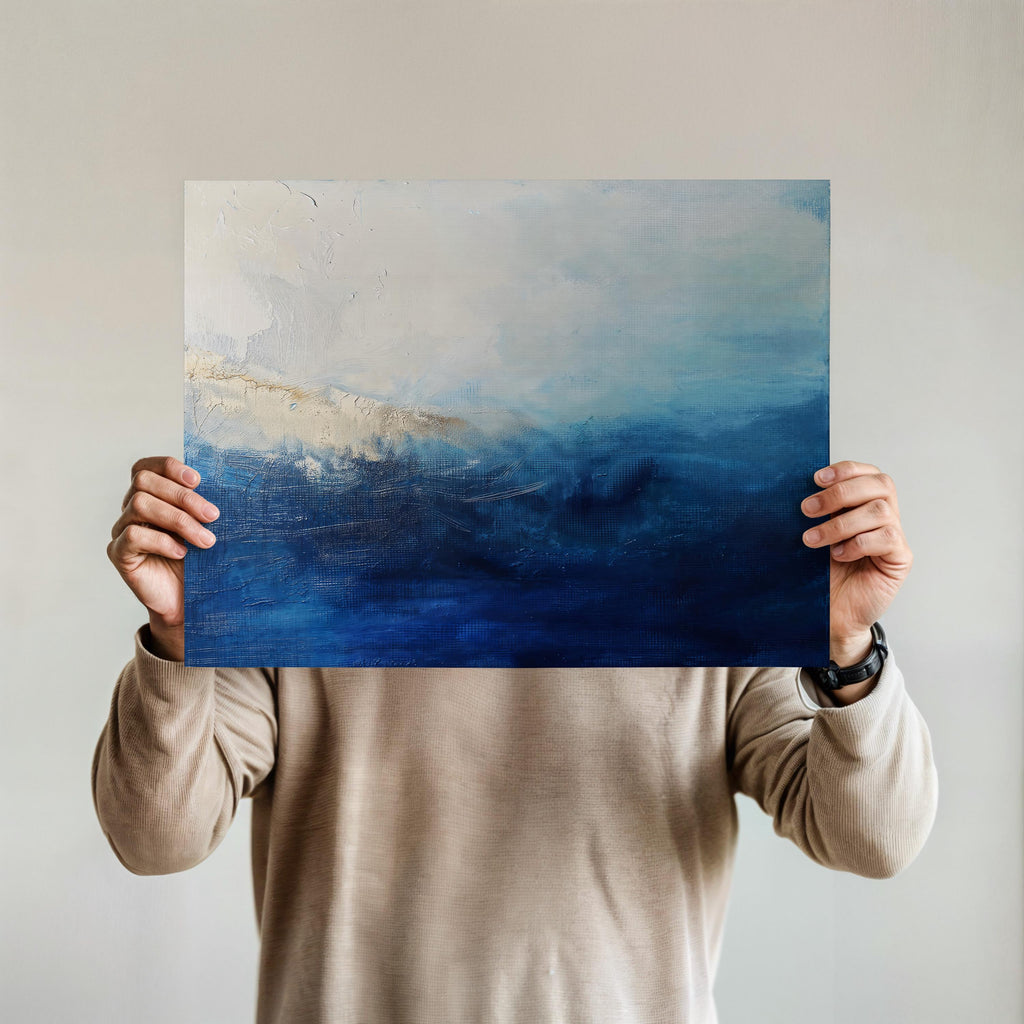 Ocean Horizon Abstract Art Print  Moody Blue and Cream Coastal Painting Large Horizontal Wall Decor for Bedroom or Office Framed 347