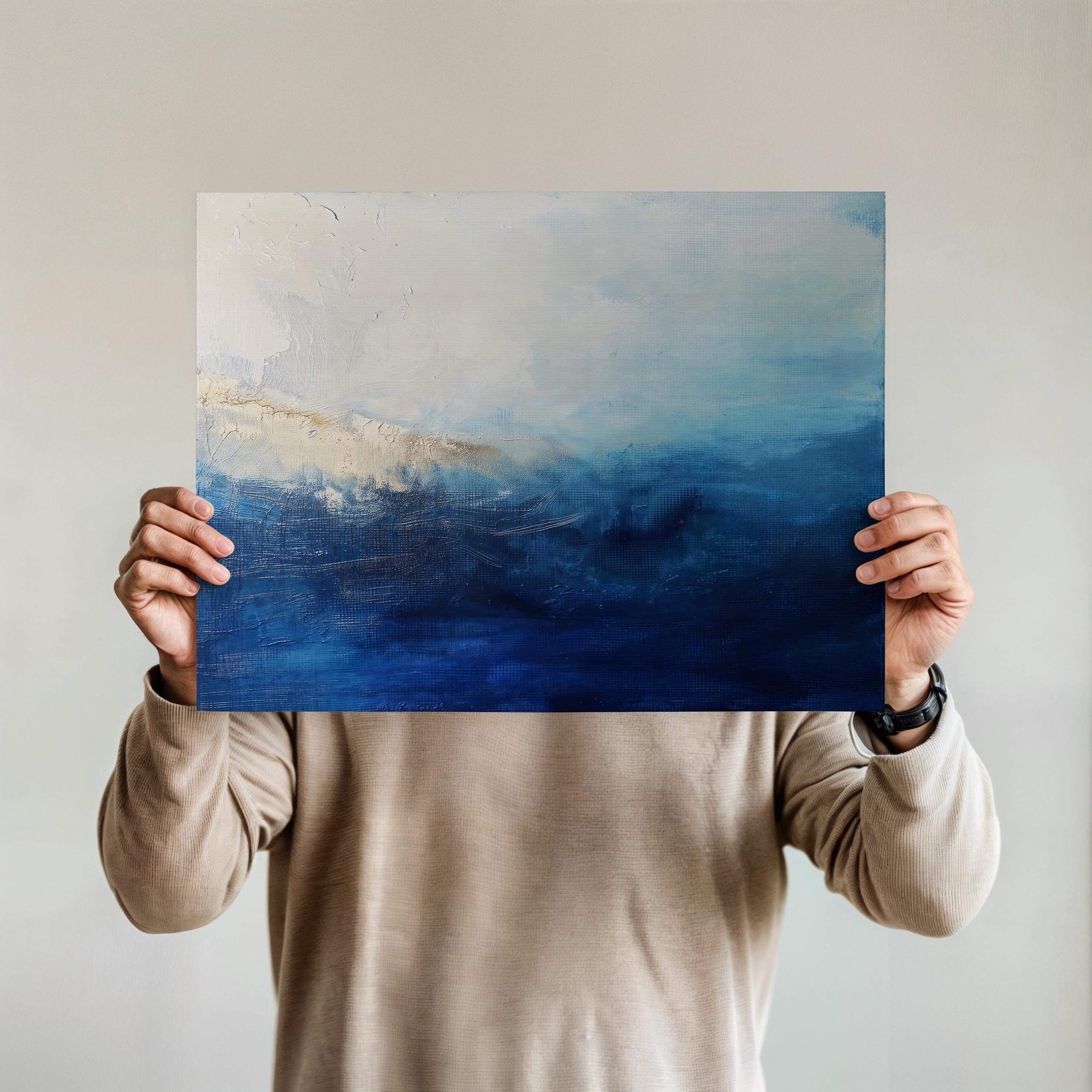 Ocean Horizon Abstract Art Print  Moody Blue and Cream Coastal Painting Large Horizontal Wall Decor for Bedroom or Office Framed 347