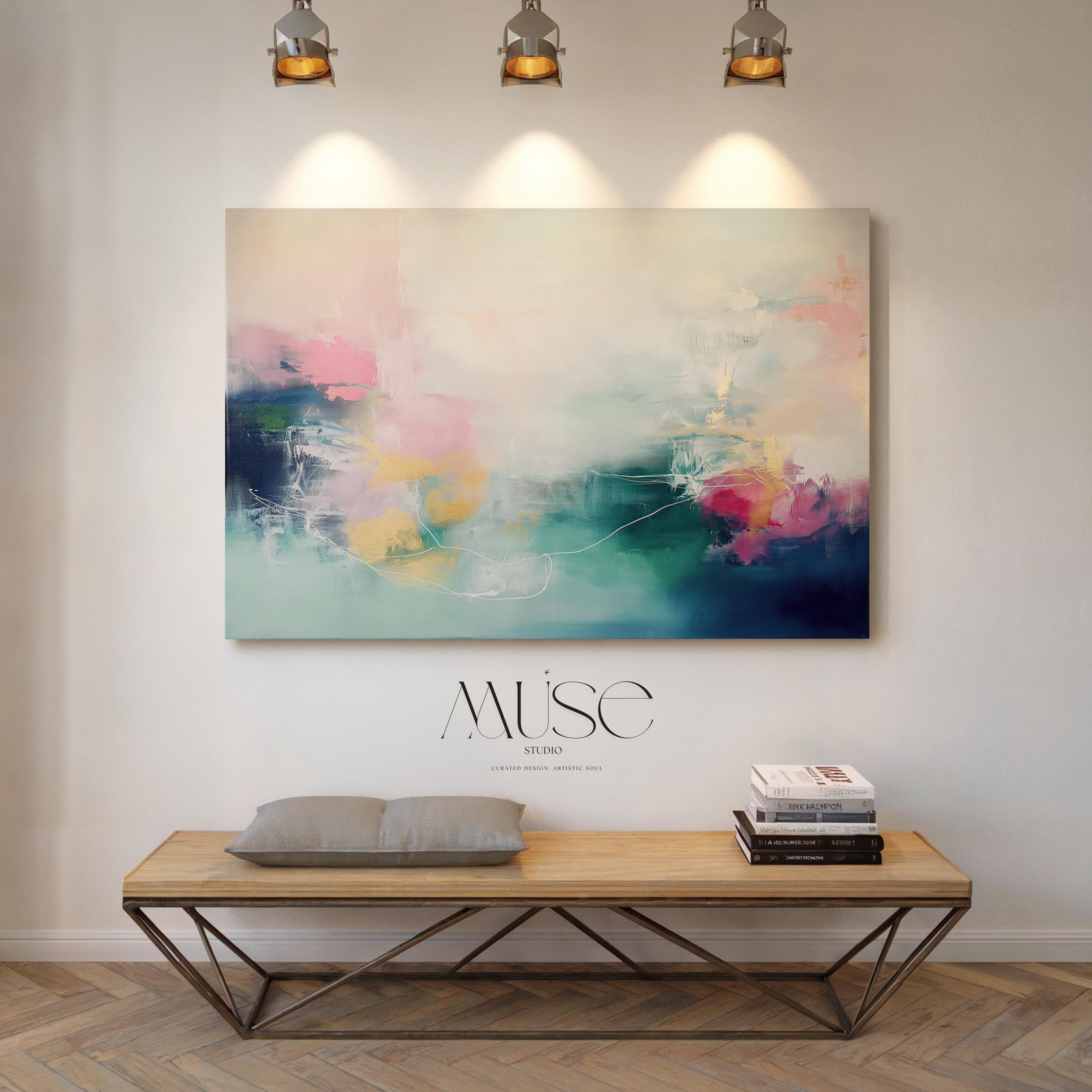 Stretched Canvas Art Large abstract wall decor on stretched canvas, gallery-wrapped and ready to hang. Perfect for colorful wall art in living rooms, office spaces, and design projects. Giclée canvas print with bold brushwork and vibrant modern style for impactful home decor. Muse Studio Decor Art. Soft Abstract Canvas Art Blush Teal Yellow and Navy Painting Gentle Contemporary Wall Decor for Bedroom Living Room or Office 202