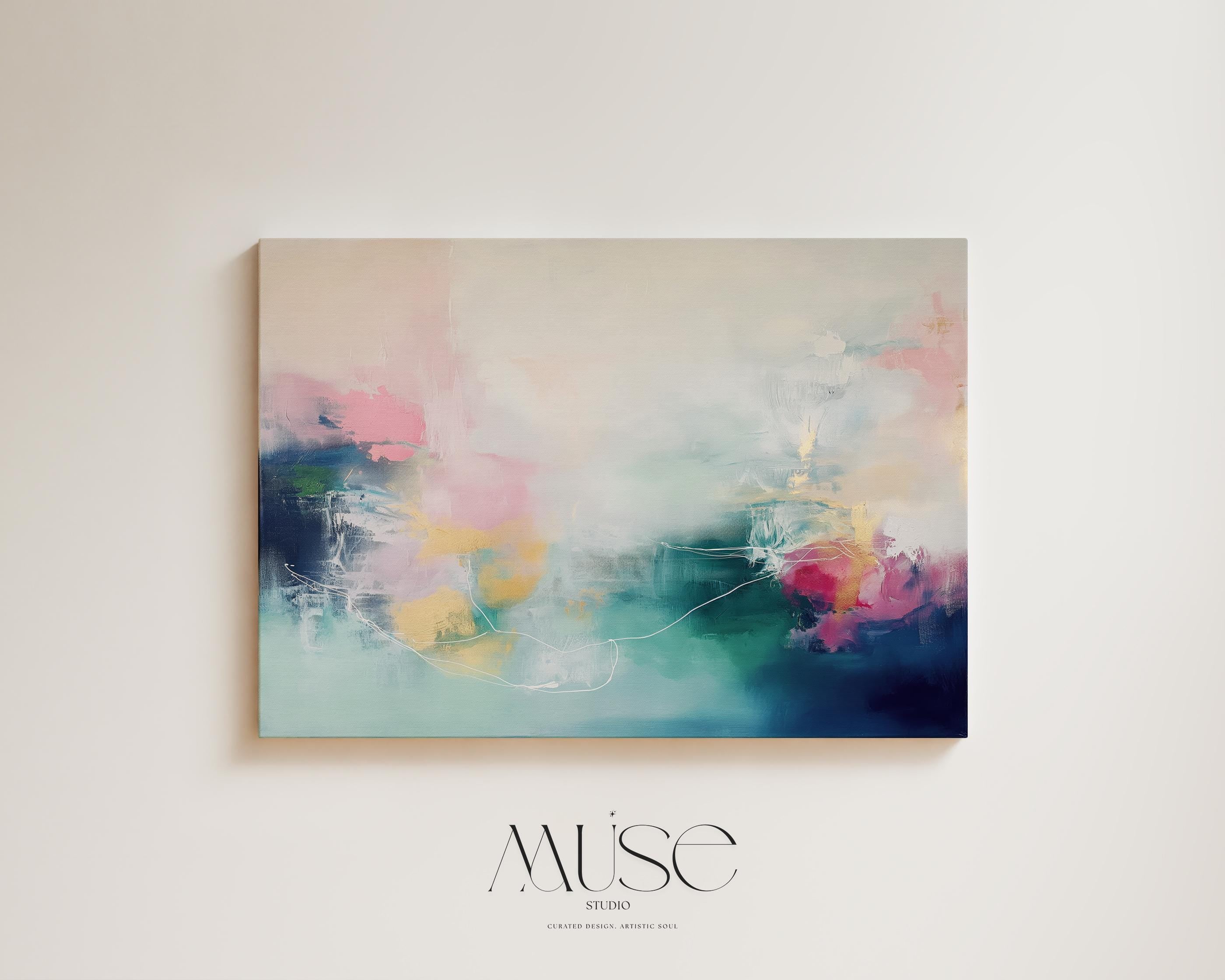 Stretched Canvas Art Large abstract wall decor on stretched canvas, gallery-wrapped and ready to hang. Perfect for colorful wall art in living rooms, office spaces, and design projects. Giclée canvas print with bold brushwork and vibrant modern style for impactful home decor. Muse Studio Decor Art. Soft Abstract Canvas Art Blush Teal Yellow and Navy Painting Gentle Contemporary Wall Decor for Bedroom Living Room or Office 202