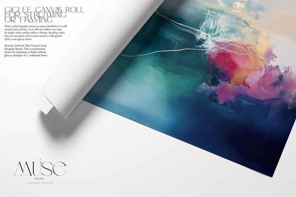 Fine art print of abstract decor art printed on rolled canvas or cold-pressed watercolor paper using giclée technique. Designed for modern interiors, home styling, or office decor. Bold and colorful statement art brings vibrant energy to curated spaces. Ideal for custom framing and large-scale wall displays. Muse Studio Decor Art. Horizontal Abstract Art Canvas in Blush Teal and Navy Gentle Soft Contemporary Framed Wall Decor for Bedroom Living Room Office 202