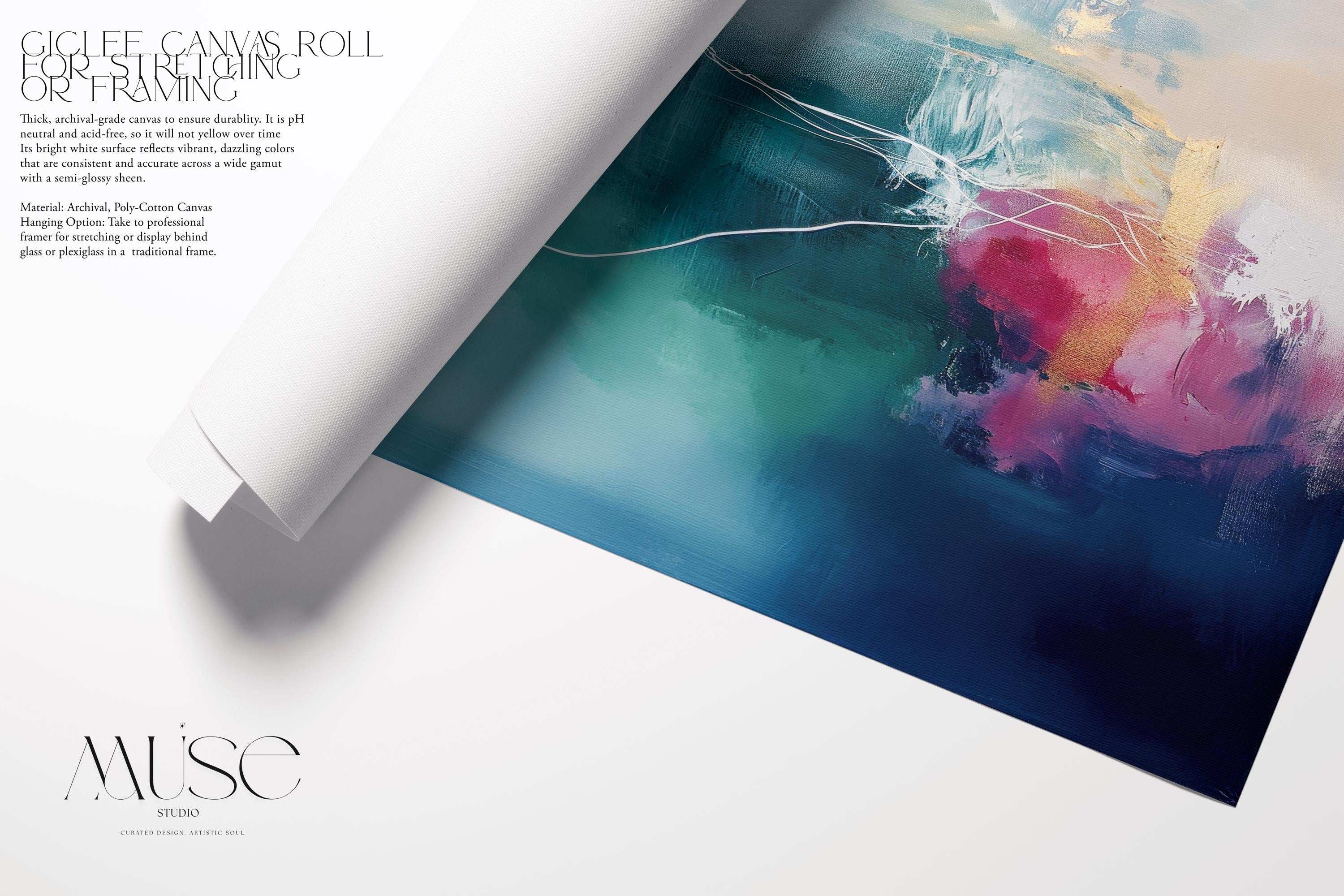 Fine art print of abstract decor art printed on rolled canvas or cold-pressed watercolor paper using giclée technique. Designed for modern interiors, home styling, or office decor. Bold and colorful statement art brings vibrant energy to curated spaces. Ideal for custom framing and large-scale wall displays. Muse Studio Decor Art. Horizontal Abstract Art Canvas in Blush Teal and Navy Gentle Soft Contemporary Framed Wall Decor for Bedroom Living Room Office 202