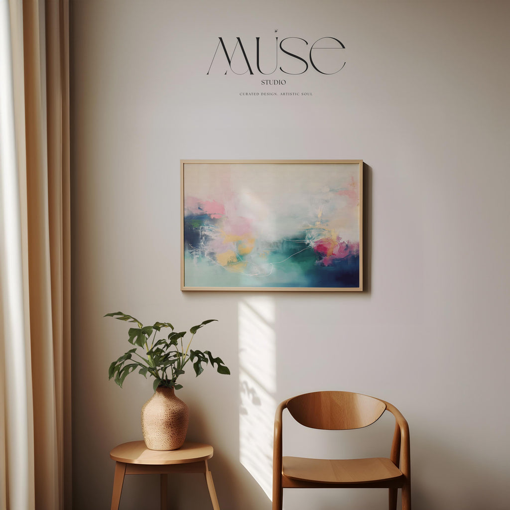 Fine art print of abstract decor art printed on rolled canvas or cold-pressed watercolor paper using giclée technique. Designed for modern interiors, home styling, or office decor. Bold and colorful statement art brings vibrant energy to curated spaces. Ideal for custom framing and large-scale wall displays. Muse Studio Decor Art. Horizontal Abstract Art Canvas in Blush Teal and Navy Gentle Soft Contemporary Framed Wall Decor for Bedroom Living Room Office 202