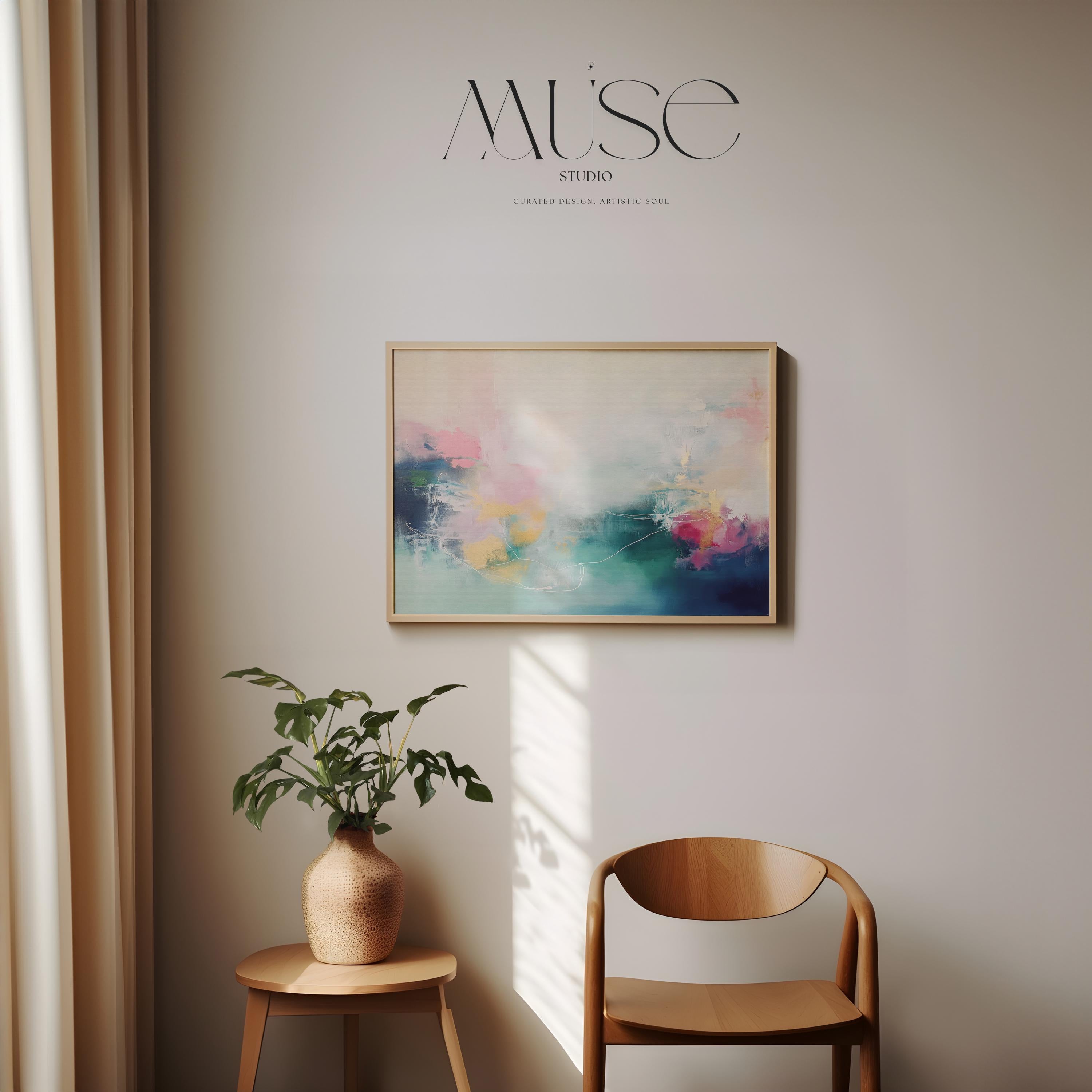Fine art print of abstract decor art printed on rolled canvas or cold-pressed watercolor paper using giclée technique. Designed for modern interiors, home styling, or office decor. Bold and colorful statement art brings vibrant energy to curated spaces. Ideal for custom framing and large-scale wall displays. Muse Studio Decor Art. Horizontal Abstract Art Canvas in Blush Teal and Navy Gentle Soft Contemporary Framed Wall Decor for Bedroom Living Room Office 202