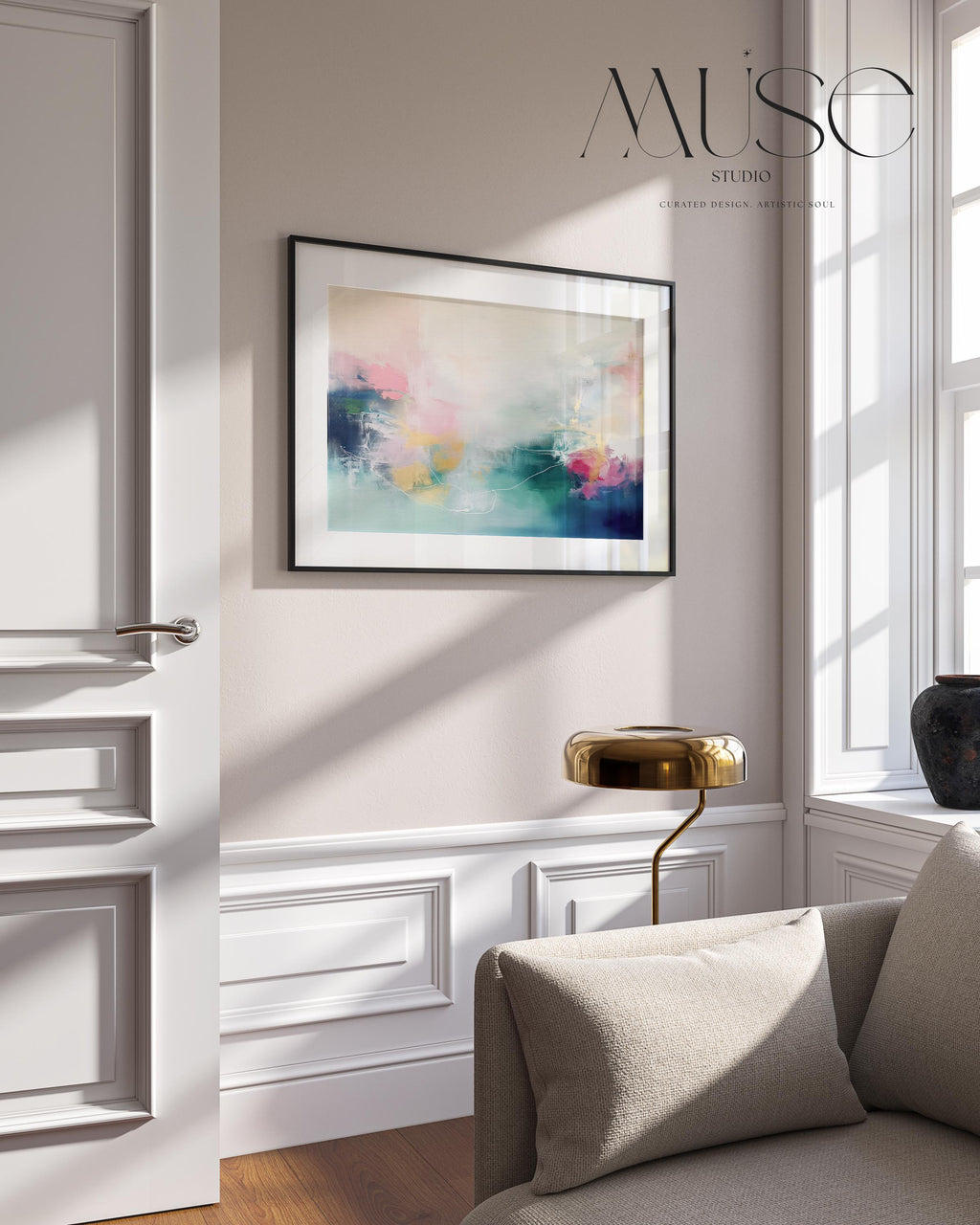 Fine art print of abstract decor art printed on rolled canvas or cold-pressed watercolor paper using giclée technique. Designed for modern interiors, home styling, or office decor. Bold and colorful statement art brings vibrant energy to curated spaces. Ideal for custom framing and large-scale wall displays. Muse Studio Decor Art. Horizontal Abstract Art Canvas in Blush Teal and Navy Gentle Soft Contemporary Framed Wall Decor for Bedroom Living Room Office 202