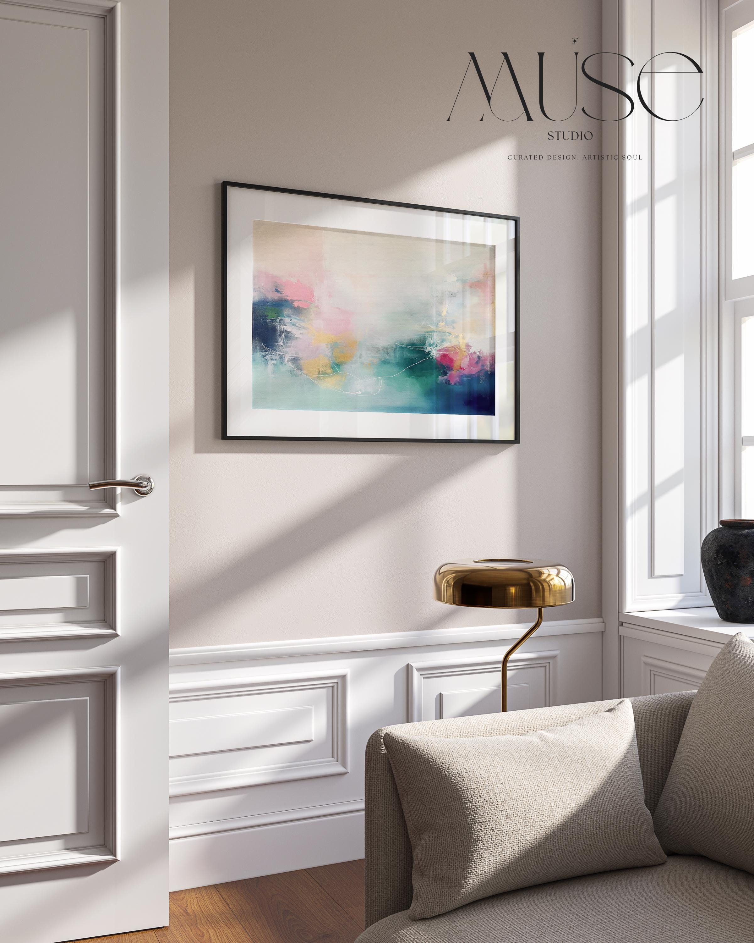 Fine art print of abstract decor art printed on rolled canvas or cold-pressed watercolor paper using giclée technique. Designed for modern interiors, home styling, or office decor. Bold and colorful statement art brings vibrant energy to curated spaces. Ideal for custom framing and large-scale wall displays. Muse Studio Decor Art. Horizontal Abstract Art Canvas in Blush Teal and Navy Gentle Soft Contemporary Framed Wall Decor for Bedroom Living Room Office 202