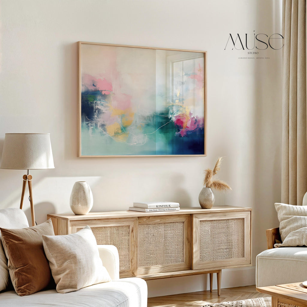 Fine art print of abstract decor art printed on rolled canvas or cold-pressed watercolor paper using giclée technique. Designed for modern interiors, home styling, or office decor. Bold and colorful statement art brings vibrant energy to curated spaces. Ideal for custom framing and large-scale wall displays. Muse Studio Decor Art. Horizontal Abstract Art Canvas in Blush Teal and Navy Gentle Soft Contemporary Framed Wall Decor for Bedroom Living Room Office 202