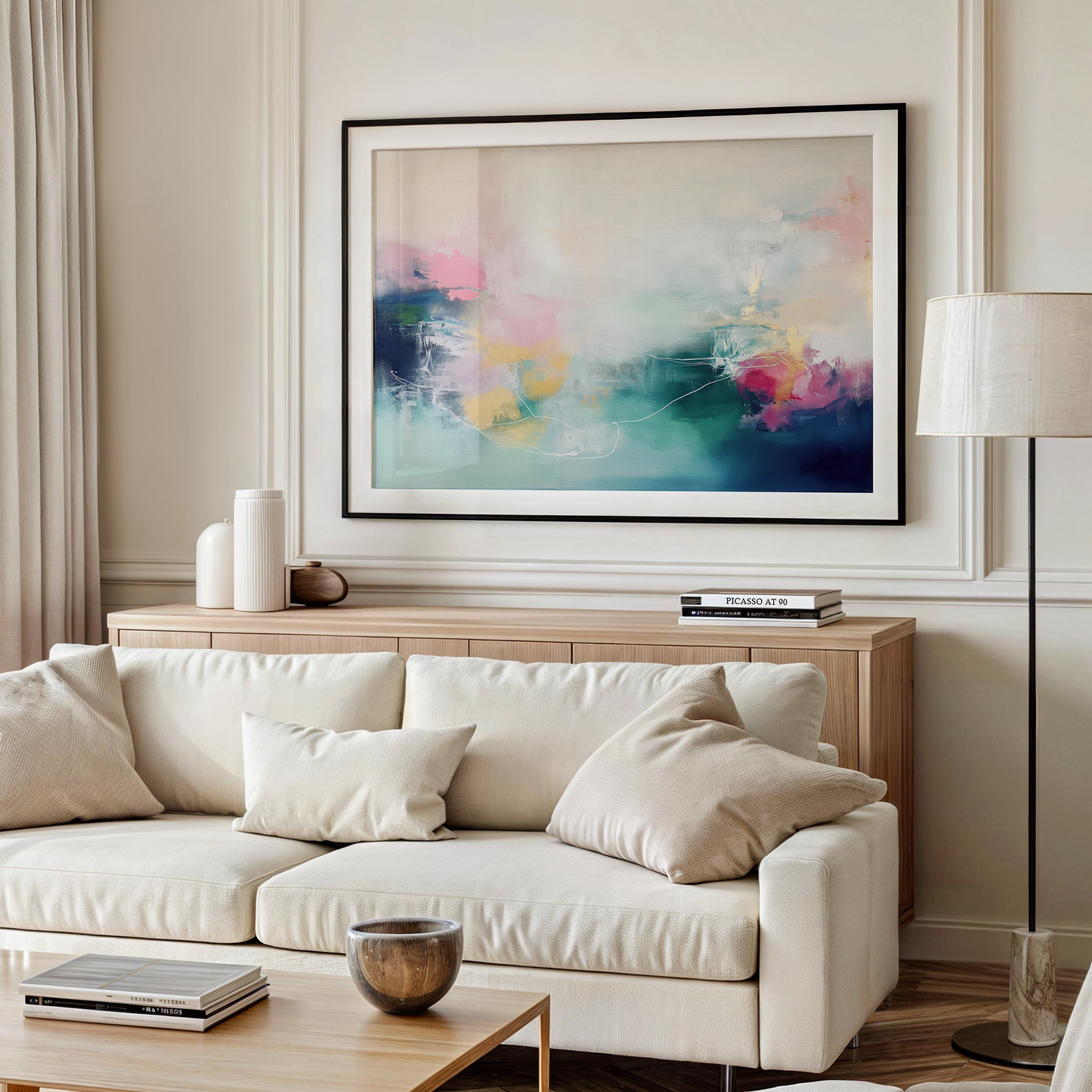Fine art print of abstract decor art printed on rolled canvas or cold-pressed watercolor paper using giclée technique. Designed for modern interiors, home styling, or office decor. Bold and colorful statement art brings vibrant energy to curated spaces. Ideal for custom framing and large-scale wall displays. Muse Studio Decor Art. Horizontal Abstract Art Canvas in Blush Teal and Navy Gentle Soft Contemporary Framed Wall Decor for Bedroom Living Room Office 202