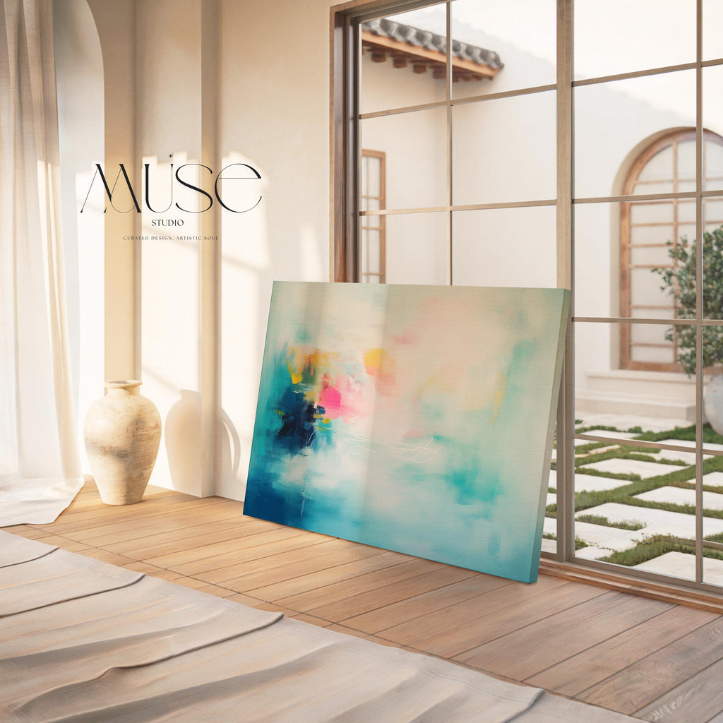 Aqua Pink and Yellow Abstract Canvas Art Soft Brights Horizontal Painting for Living Room Wall Decor Modern Contemporary Home Style 056