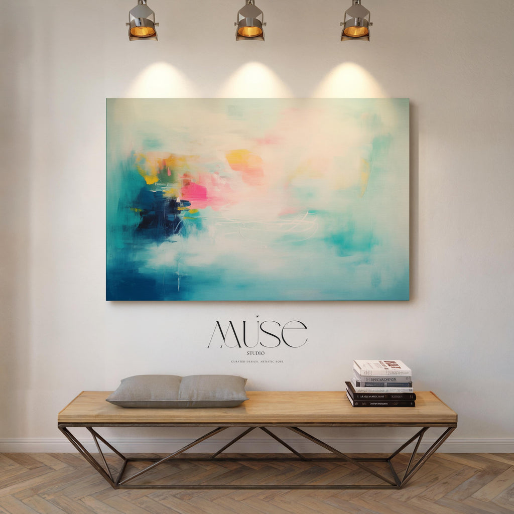 Aqua Pink and Yellow Abstract Canvas Art Soft Brights Horizontal Painting for Living Room Wall Decor Modern Contemporary Home Style 056