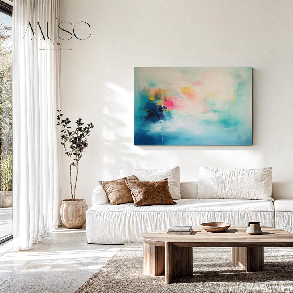 Aqua Pink and Yellow Abstract Canvas Art Soft Brights Horizontal Painting for Living Room Wall Decor Modern Contemporary Home Style 056