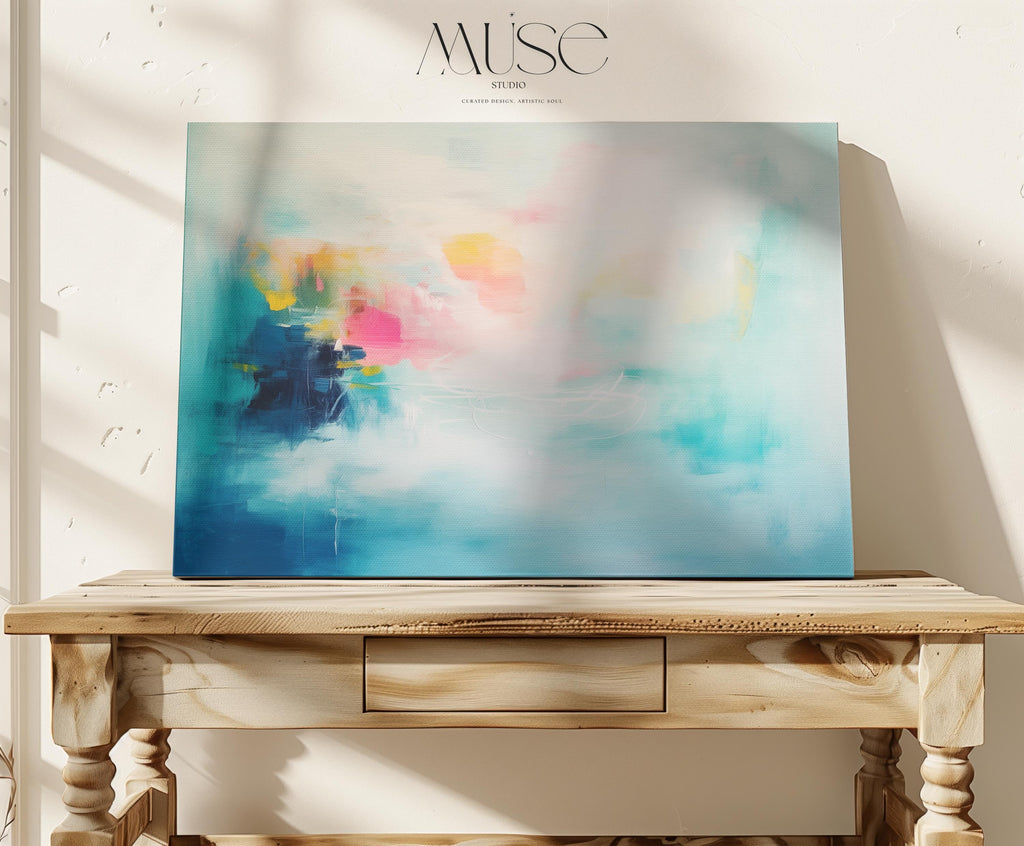 Aqua Pink and Yellow Abstract Canvas Art Soft Brights Horizontal Painting for Living Room Wall Decor Modern Contemporary Home Style 056
