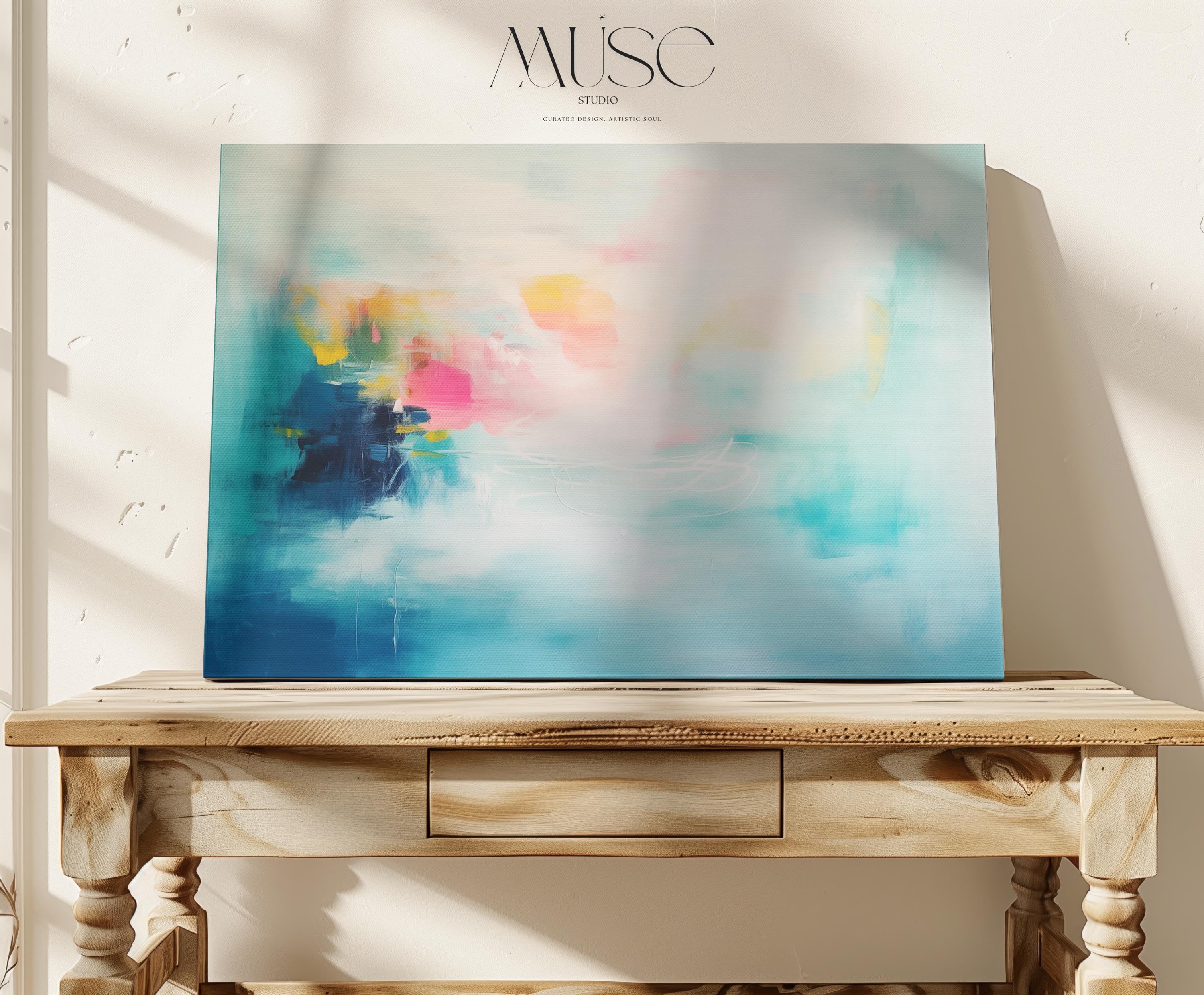 Aqua Pink and Yellow Abstract Canvas Art Soft Brights Horizontal Painting for Living Room Wall Decor Modern Contemporary Home Style 056