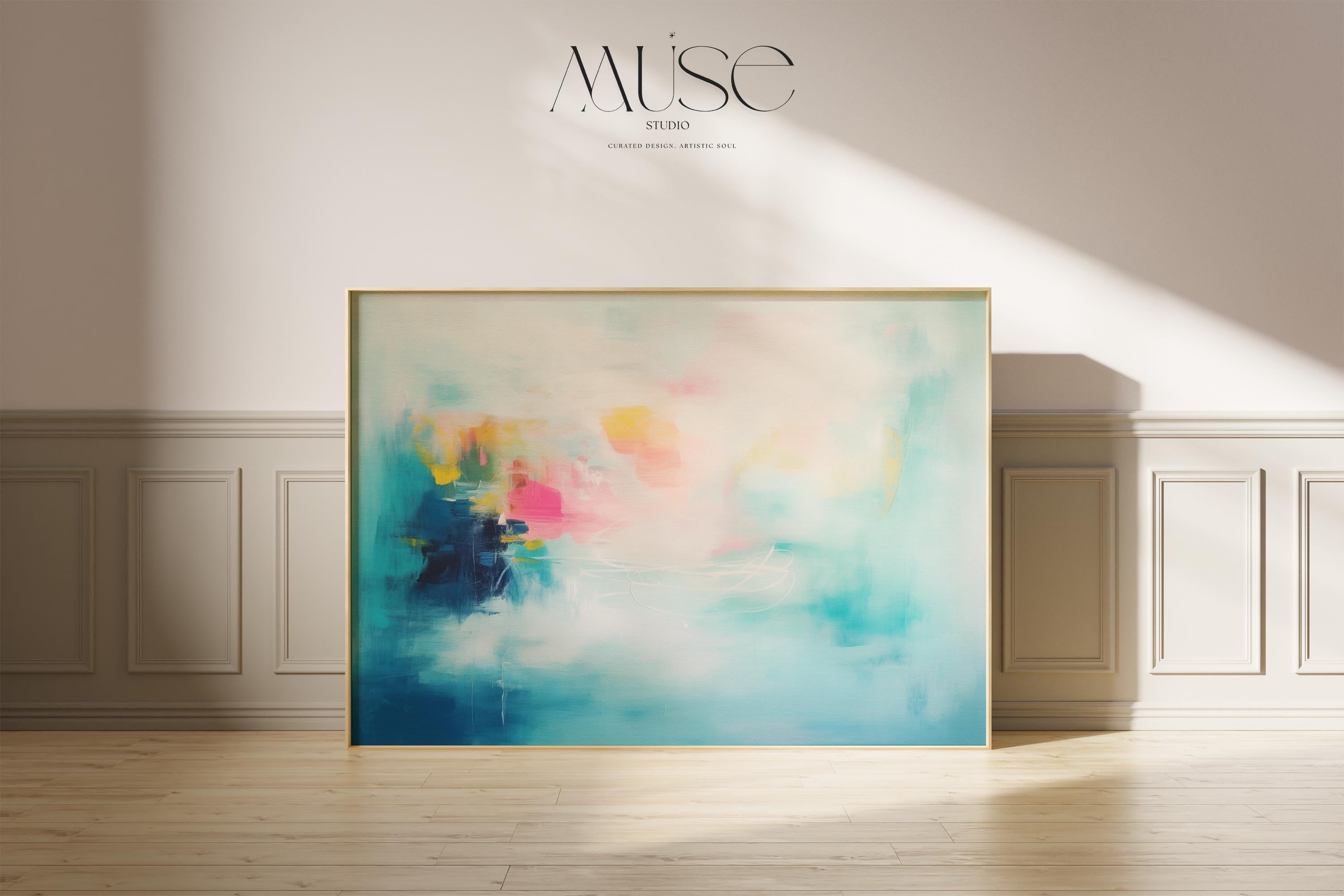 Abstract Art Print Aqua Pink and Yellow Painting Horizontal Wall Decor for Living Room Modern Soft Brights Colorful Home Style 056