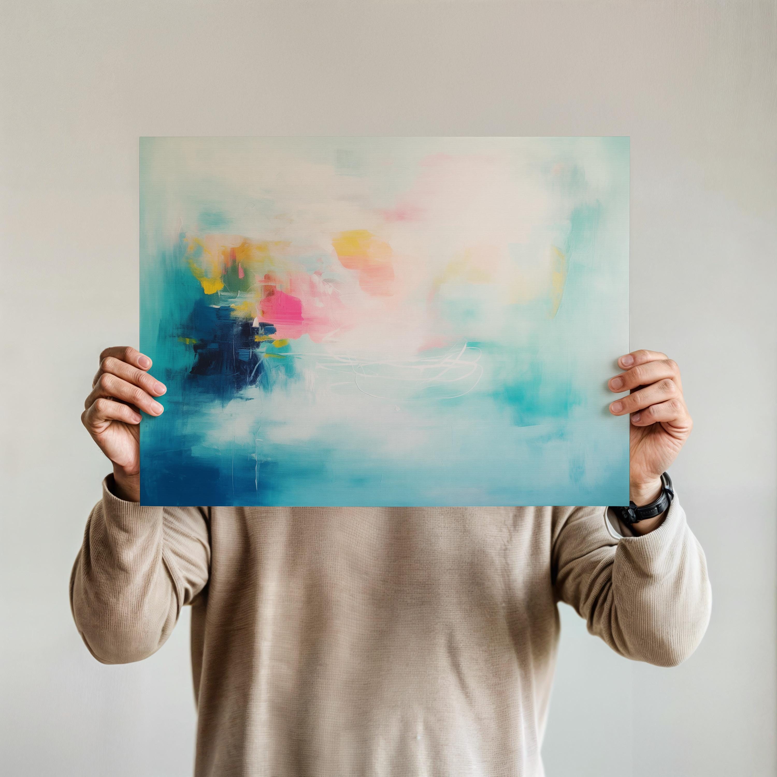 Abstract Art Print Aqua Pink and Yellow Painting Horizontal Wall Decor for Living Room Modern Soft Brights Colorful Home Style 056