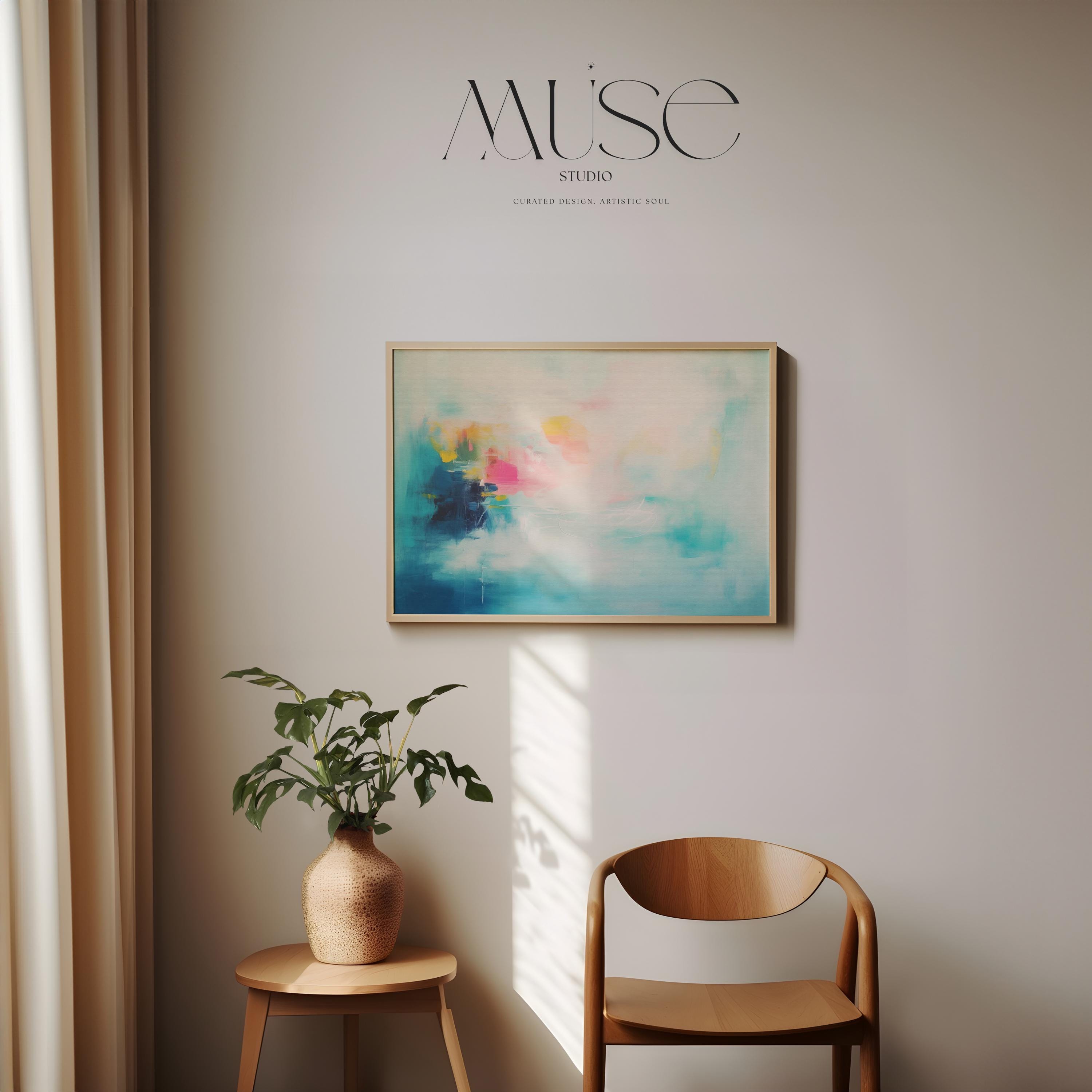 Abstract Art Print Aqua Pink and Yellow Painting Horizontal Wall Decor for Living Room Modern Soft Brights Colorful Home Style 056